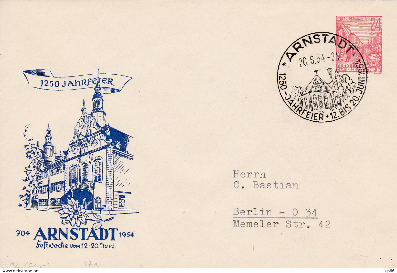 DDR, PU  12,  SSt., 1250 Jahrfeier Arnstadt - Privé Briefomslagen - Gebruikt