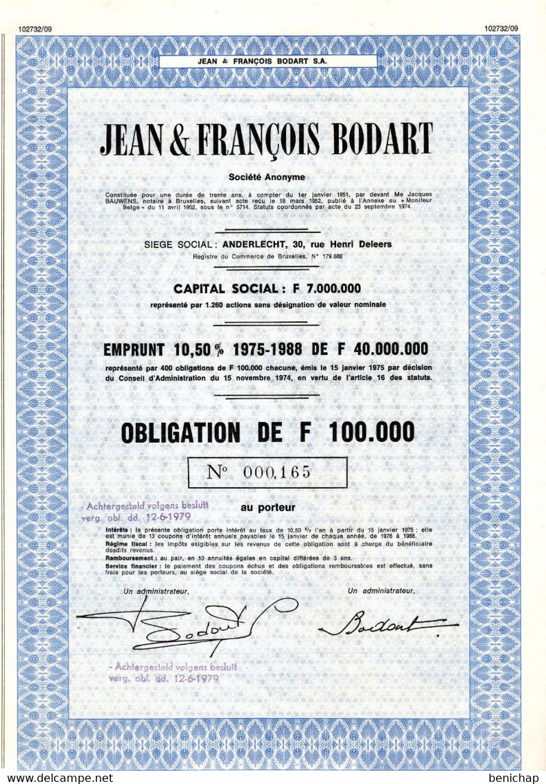 Jean & François Bodart - Obligation De 100.00 Fb Au Porteur - Emprunt - Anderlecht 1974. - Banque & Assurance