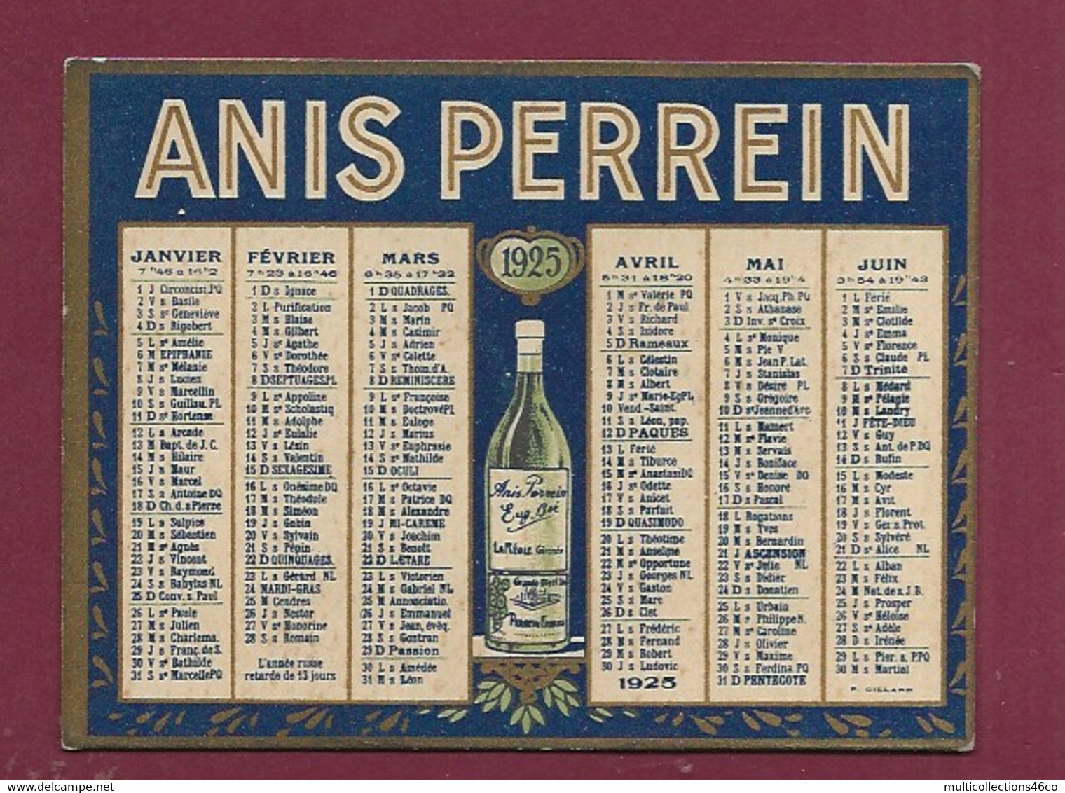 291020 - PETIT CALENDRIER 1925 Alcool ANIS PERREIN LA REOLE Gironde - Formato Piccolo : 1921-40