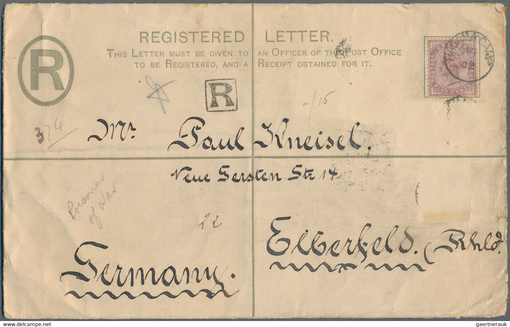 Ceylon - Ganzsachen: 1893 Postal Stationery Registered Envelope 10c. Pink, Format H (202 X 127 Mm), - Sri Lanka (Ceylon) (1948-...)