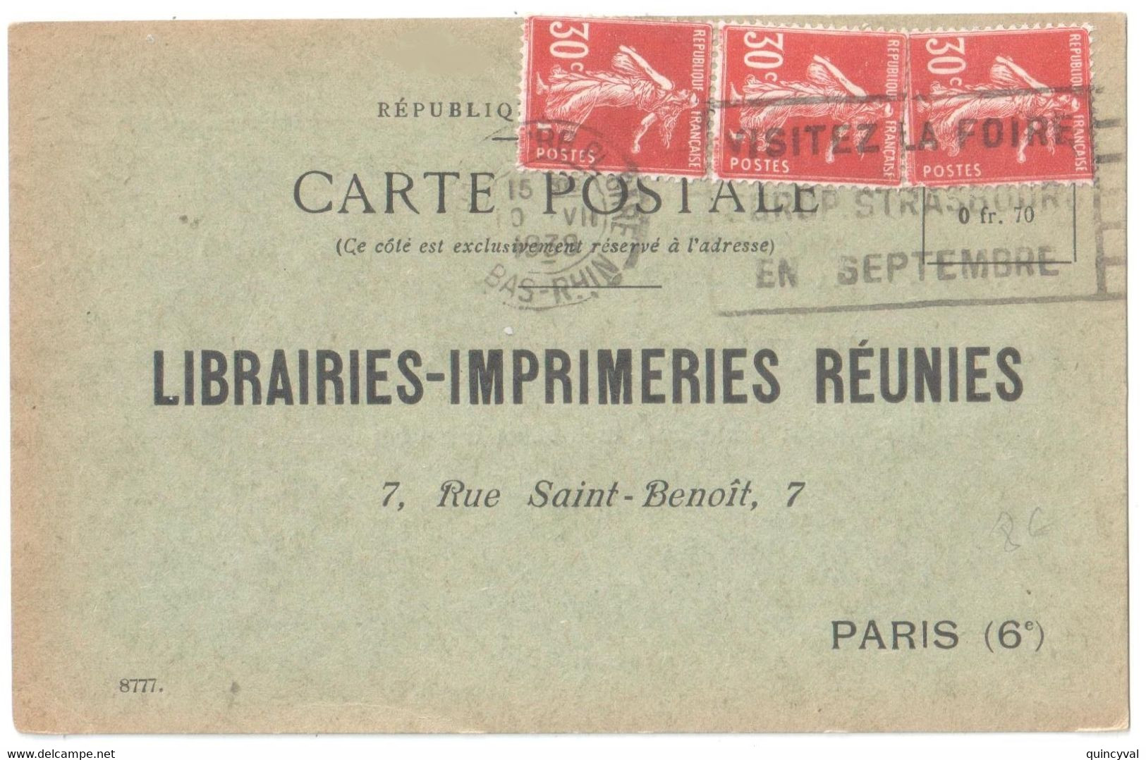 STRASBOURG Carte Postale NON Illustrée LIBRAIRIE IMPRIMERIE REUNIES Paris 30c Semeuse Yv 191 Ob 1939 Arithmétique - Lettres & Documents