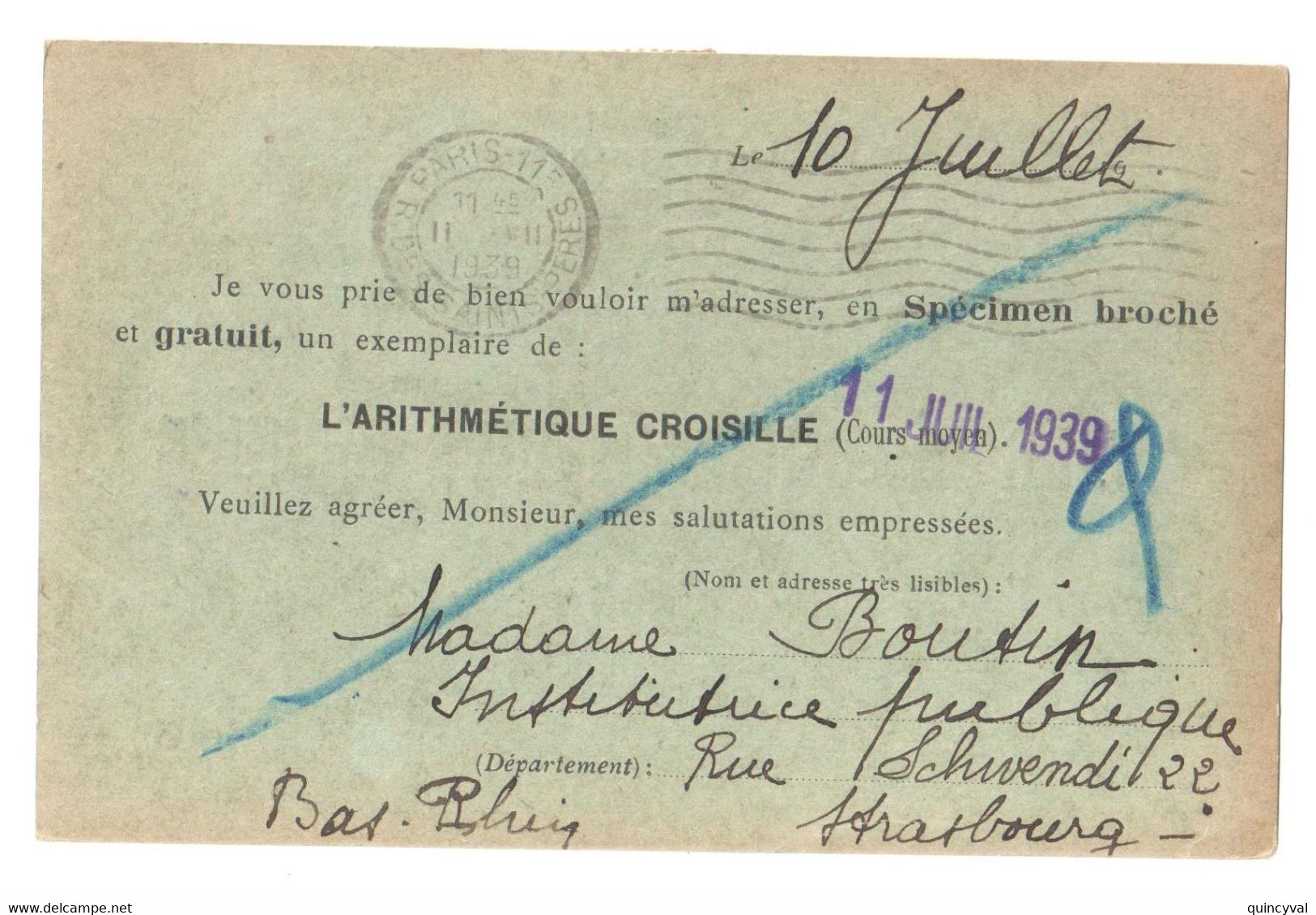 STRASBOURG Carte Postale NON Illustrée LIBRAIRIE IMPRIMERIE REUNIES Paris 30c Semeuse Yv 191 Ob 1939 Arithmétique - Lettres & Documents