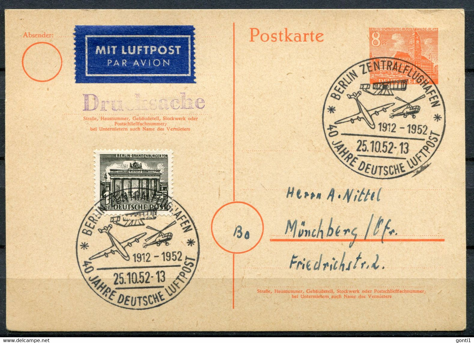 Germany Berlin 1952 GS Berliner Bauten I Mi.Nr.P12 I Mit SST"Berlin-Flughafen-40 Jahre Dt.Luftpost"Drucksache"1 GS - Sonstige & Ohne Zuordnung