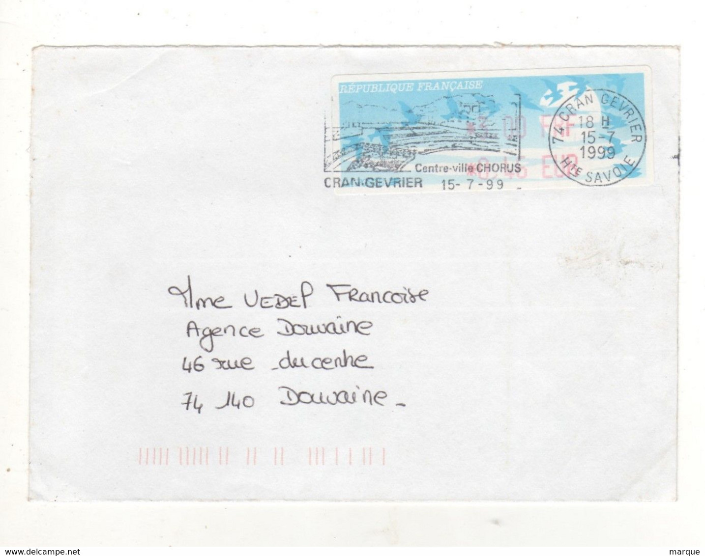 Enveloppe FRANCE Avec Vignette D' Affranchissement Oblitération CRAN GEVRIER 15/07/1999 - 2000 Type « Avions En Papier »