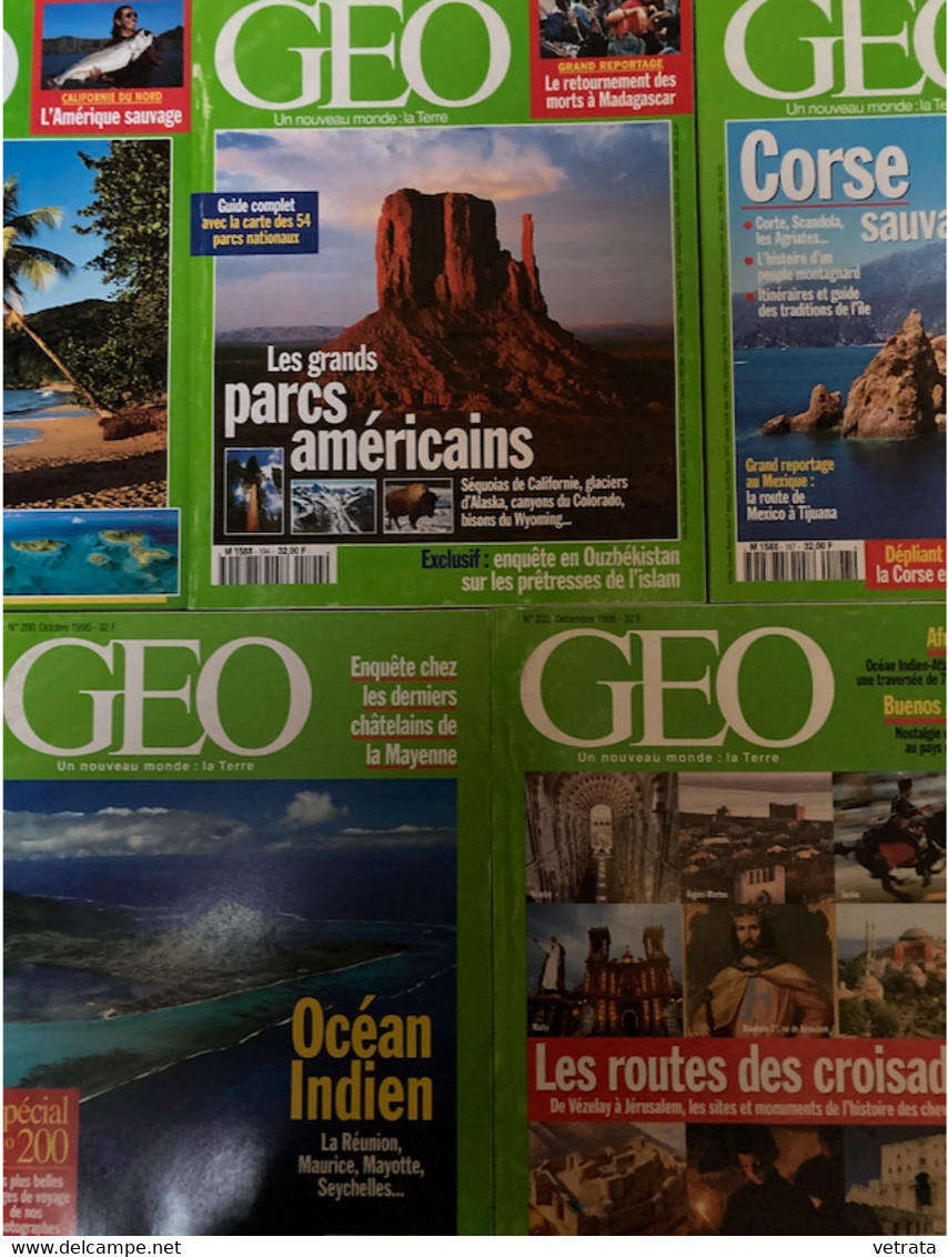 5 N° De Géo (1995) : N°192 (Caraïbes) /194 (Parcs Américains) / 197 (Corse) /200 (Océan Indien) & 202 (Les Croisades) (e - Géographie