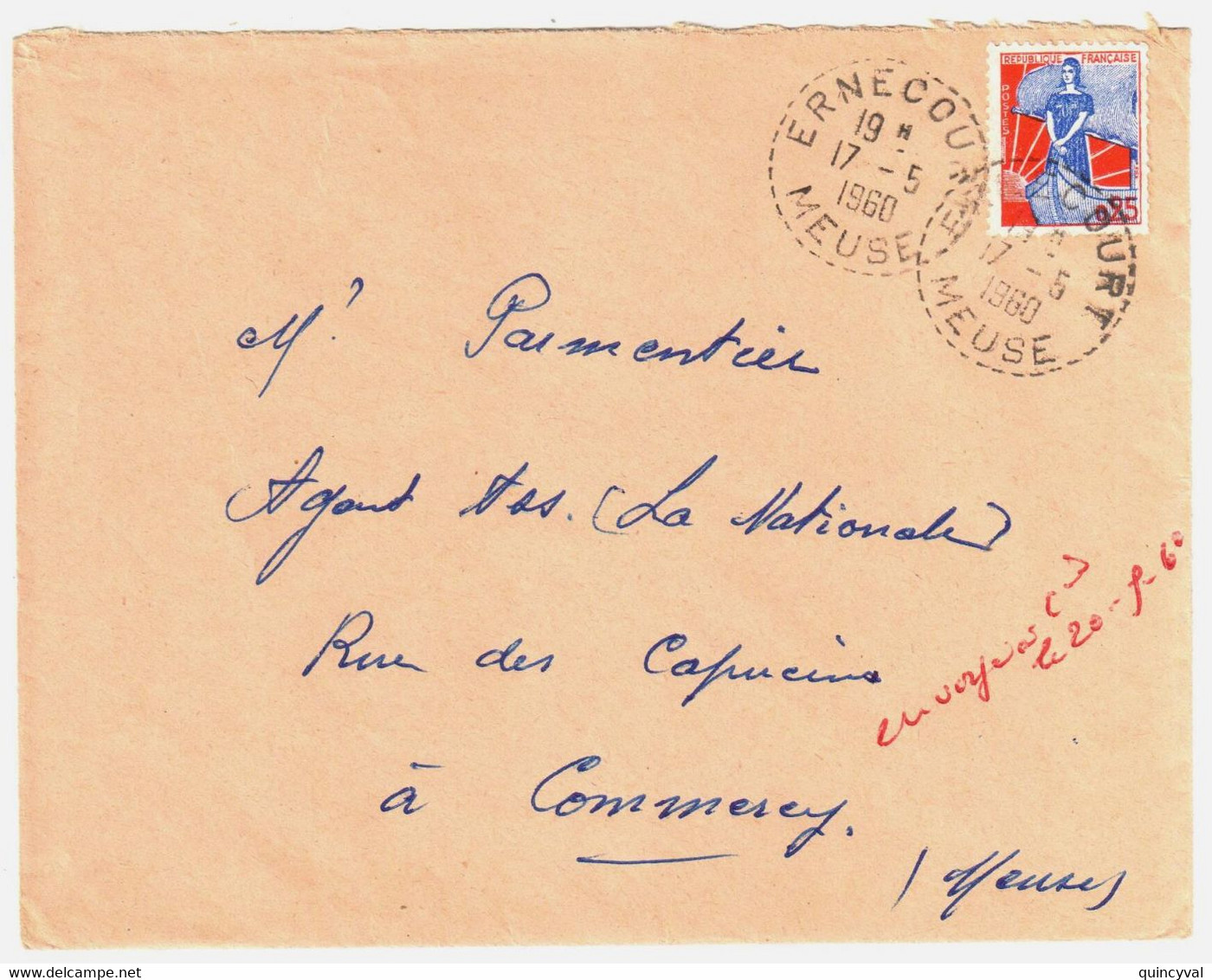 ERNECOURT Meuse Lettre 0,25 F Marianne à La Nef  Yv 1234 Ob 1960 Cercle Pointillé Lautier B7 - Cartas & Documentos