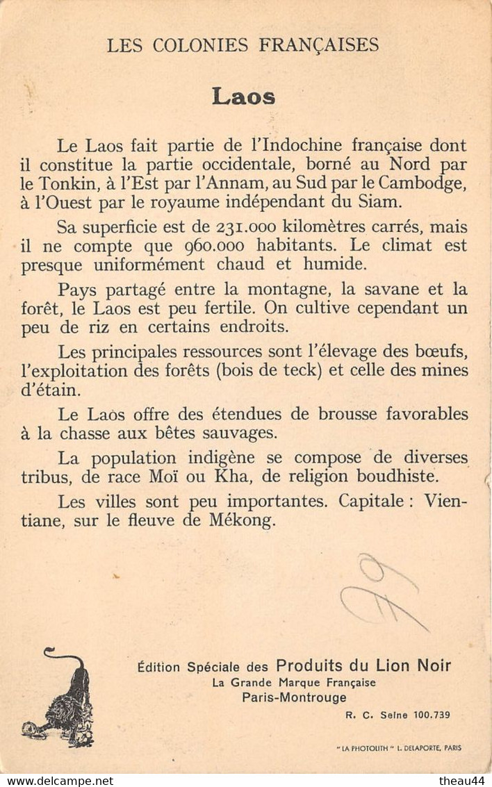 LAOS  - Colonies Françaises - Carte Publicitaire Du " LION NOIR " - Vientiane, Saravane, Paksé, Attopeu, Muong-Sing - Laos