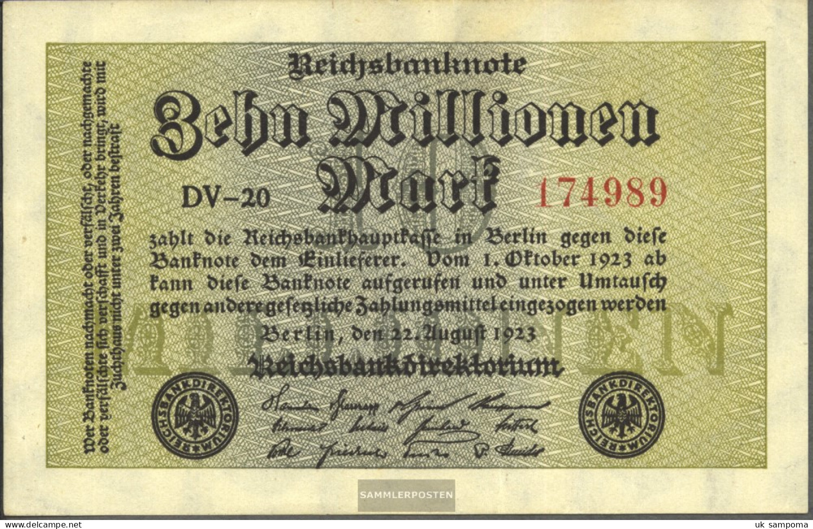 German Empire RosbgNr: 105a, Watermark Hakensterne 6stellige Kontrollnummer Uncirculated 1923 10 Million Mark - 10 Mio. Mark