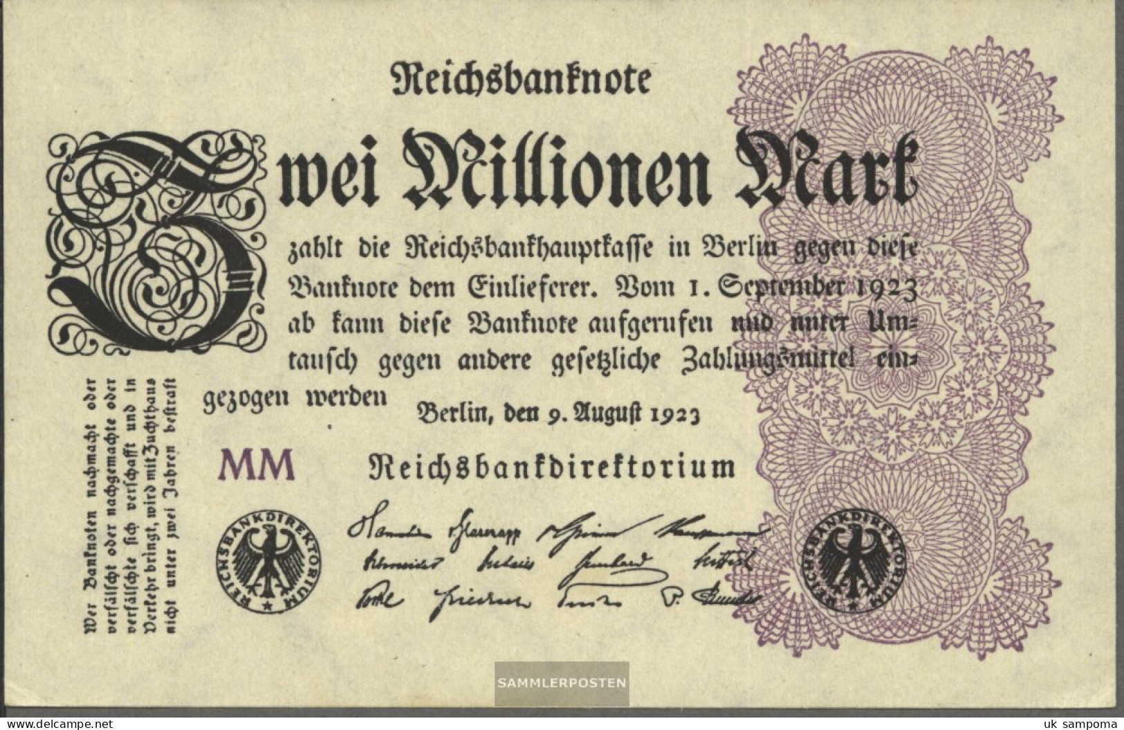 German Empire RosbgNr: 103e, Watermark Shaft Uncirculated 1923 2 Million Mark - 2 Miljoen Mark