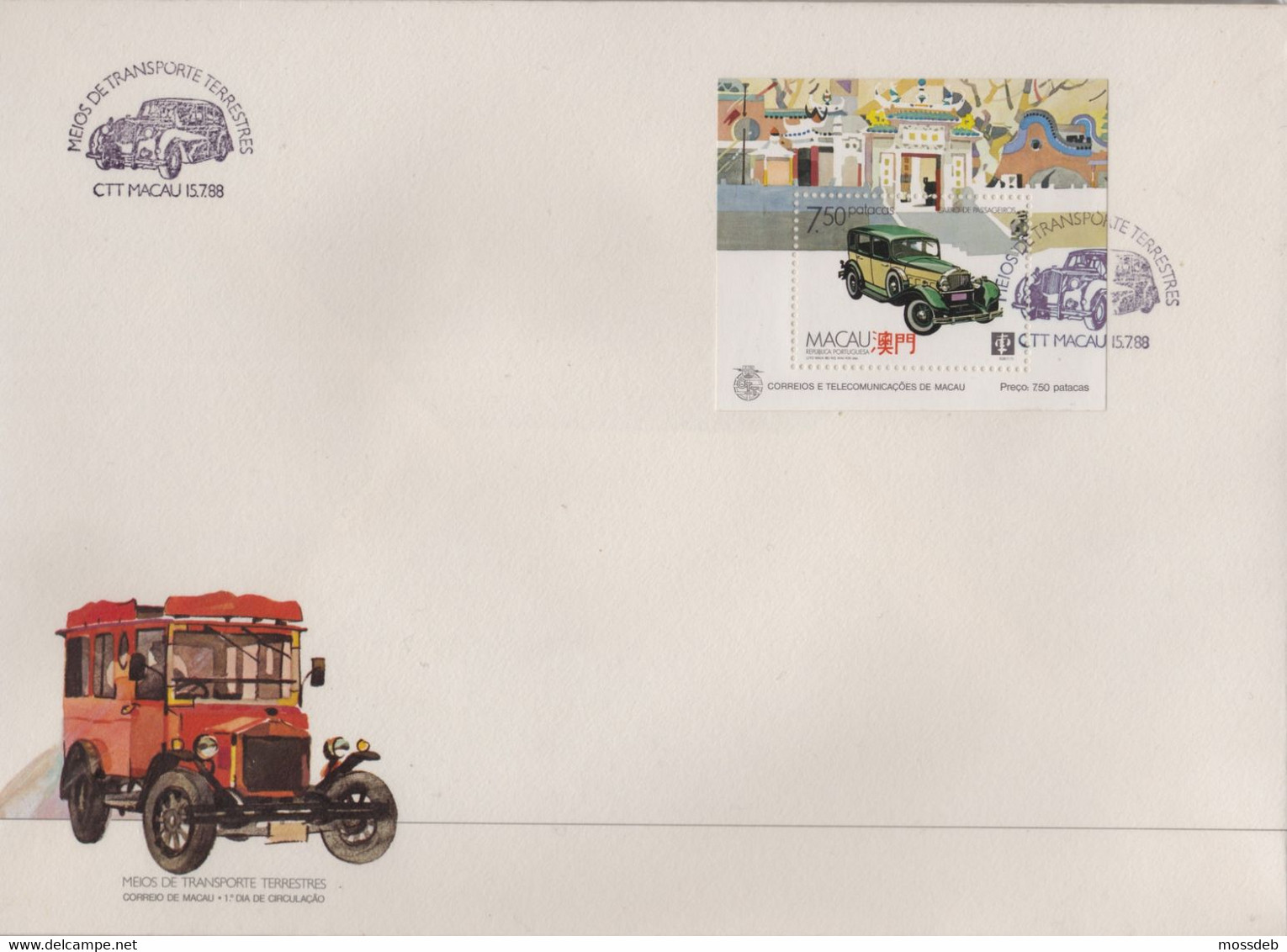 MACAU 1988   MEIOS DE TRANSPORTES TERRESTRES  MOYENS DE TRANSPORTS TERRESTRES MEANS OF TERRESTRIAL TRANSPORTATION - FDC