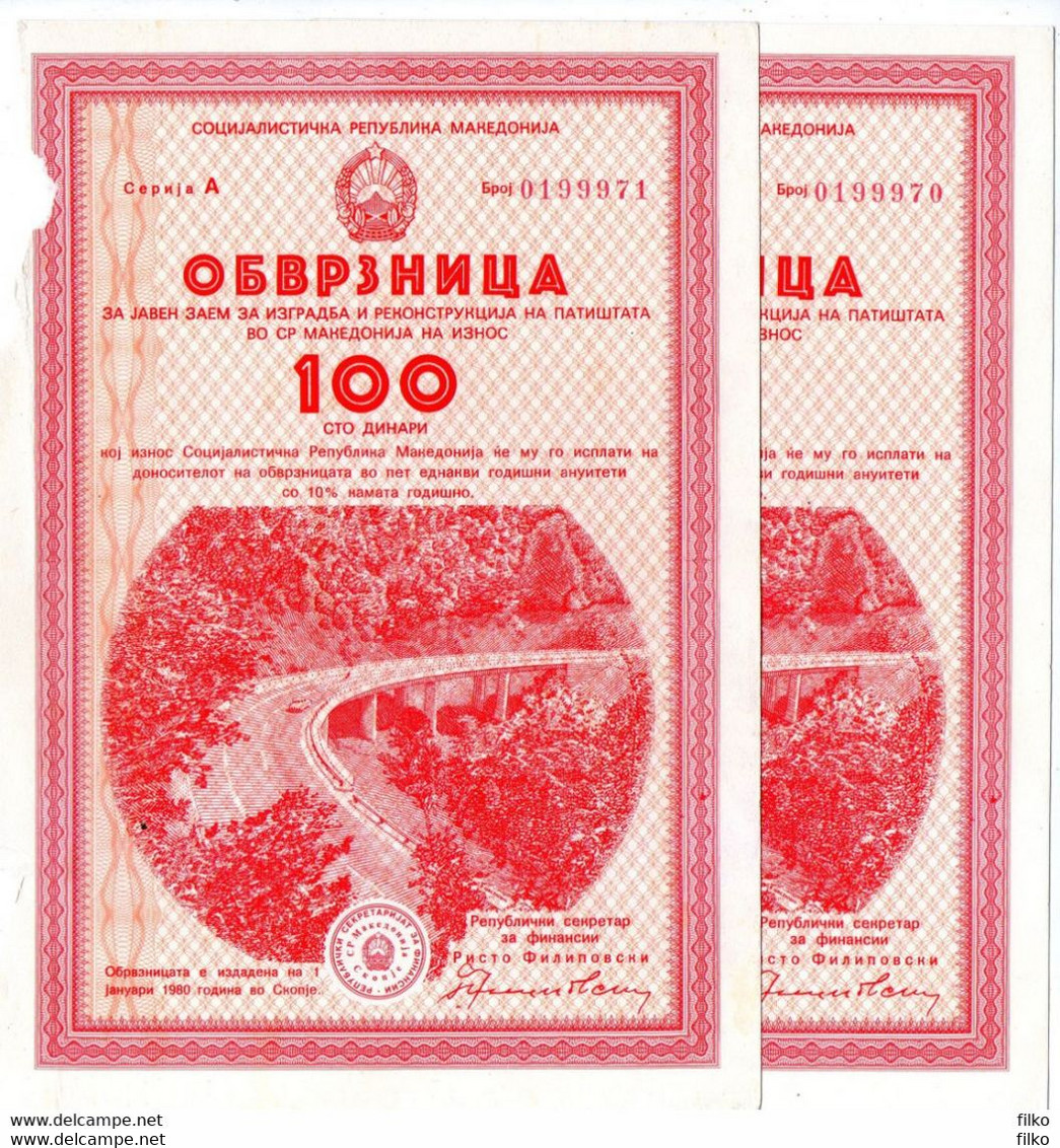 Makedonija,Македонија,1980 Mazedonien,Macedonia,," Government Loan For Road Reconstruction Lot Of 2 Actie , As Scan - Noord-Macedonië