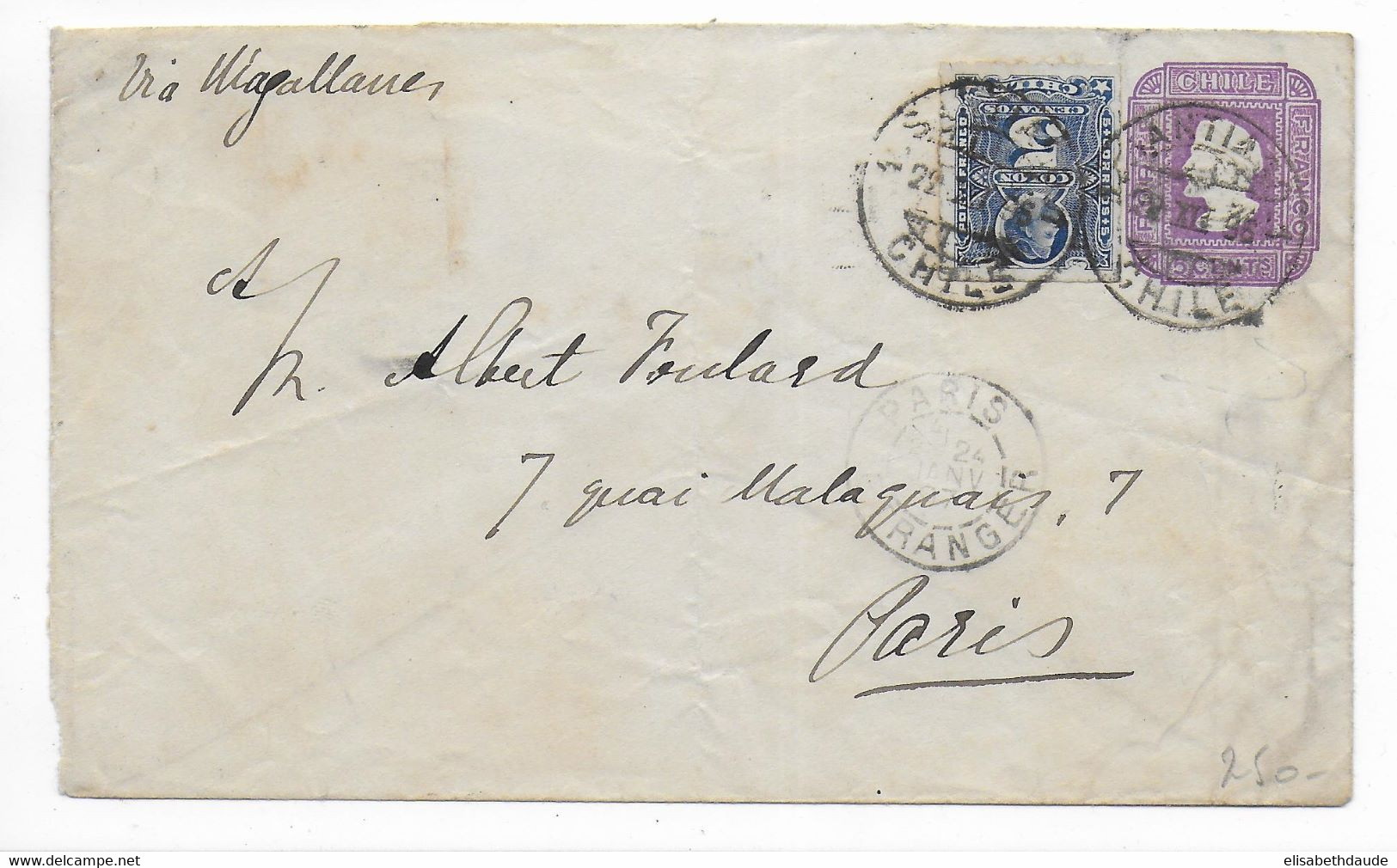 CHILE - 1897 - ENVELOPPE ENTIER Avec COMPLEMENT NON DENTELE De SANTIAGO => PARIS - Chili