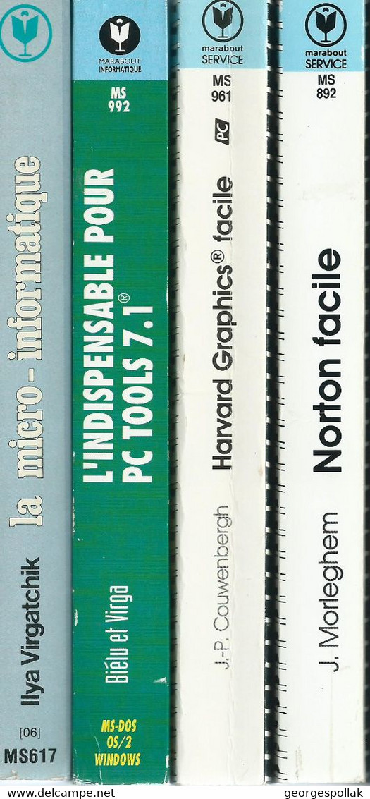 4 Manuels Informatiques MARABOUT : Dictionnaire (1984), PCTools 7.1 (1992), Norton (1989), Harvard Graphics (1991). - Informatik