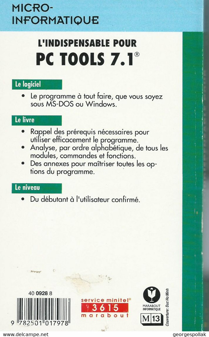 4 manuels Informatiques MARABOUT : Dictionnaire (1984), PCTools 7.1 (1992), Norton (1989), Harvard Graphics (1991).