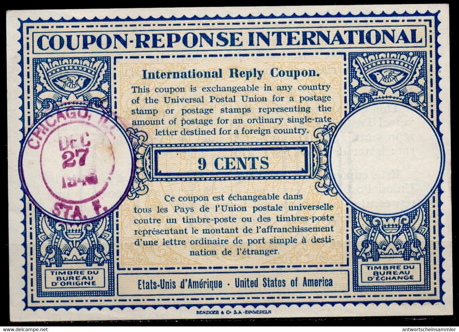 USA  Lo14  9 CENTS  International Reply Coupon Reponse Antwortschein IAS IRC O CHICAGO ILL. STA. F.  27 DEC 1948 - Non Classés