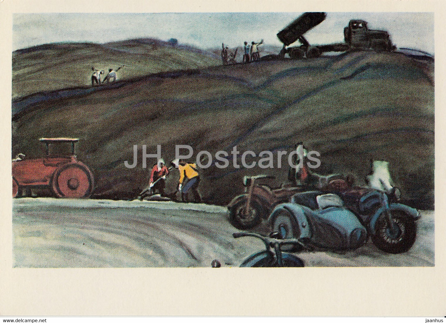 Across Kyrgyzstan By V. Rogachev - Road Repair - Tractor - Motorbike - Illustration - 1979 - Russia USSR - Unused - Kirgisistan