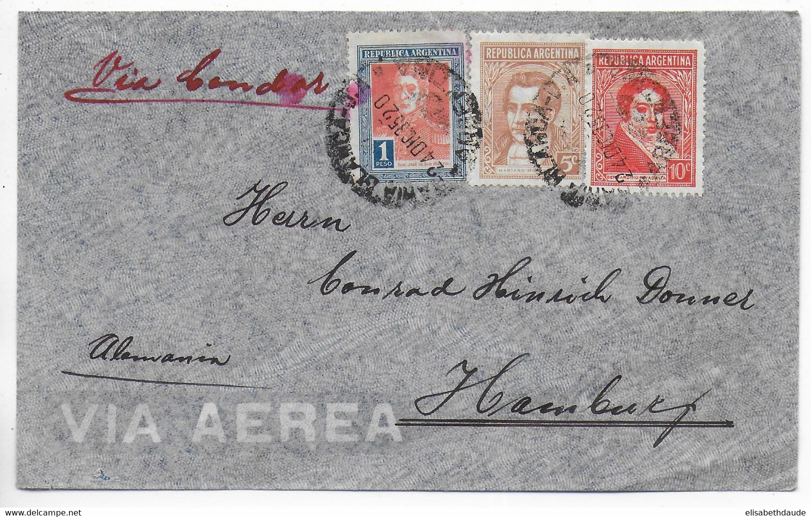 ARGENTINA - 1935 - POSTE AERIENNE / CONDOR - TRICOLORE Sur ENVELOPPE De BAHIA BLANCA => HAMBURG (GERMANY) - Posta Aerea
