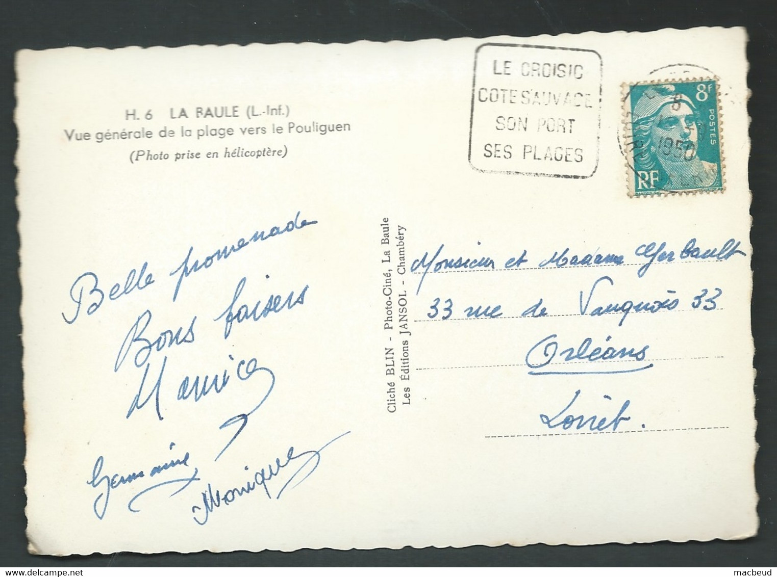 Carte De La Baule Affranchie Par 8 Francs Gandon Oblitéré En 1950  - Maca2021 - 1945-54 Marianne Of Gandon