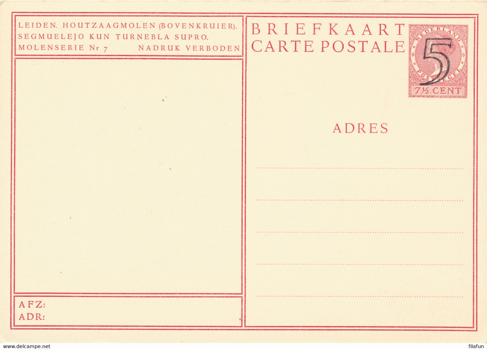 Nederland - 1946 - 5 Op 7,5 Cent Veth, Fotokaart Leiden - Houtzaagmolen, Bovenkruier, Briefkaart G285g - Ongebruikt - Postal Stationery