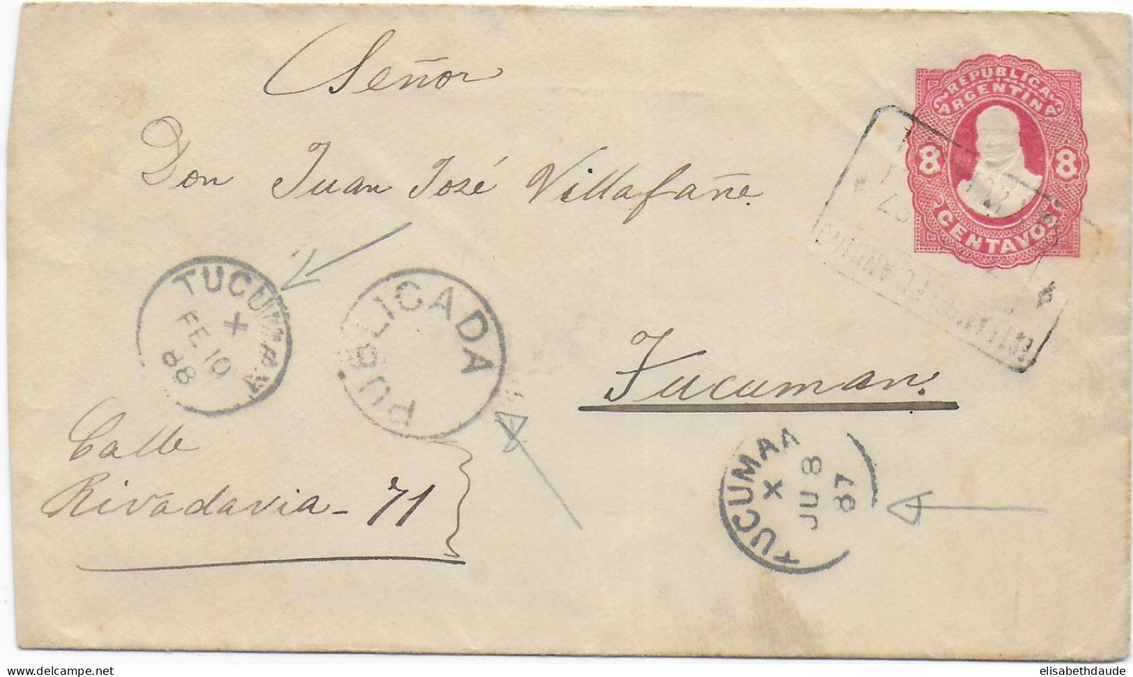 ARGENTINA - 1887 - ENVELOPPE ENTIER Avec AMBULANT => TUCUMAN - ARRIVEE 8 JUILLET 1887 Et 10 FEVRIER 1888 !!! - Interi Postali