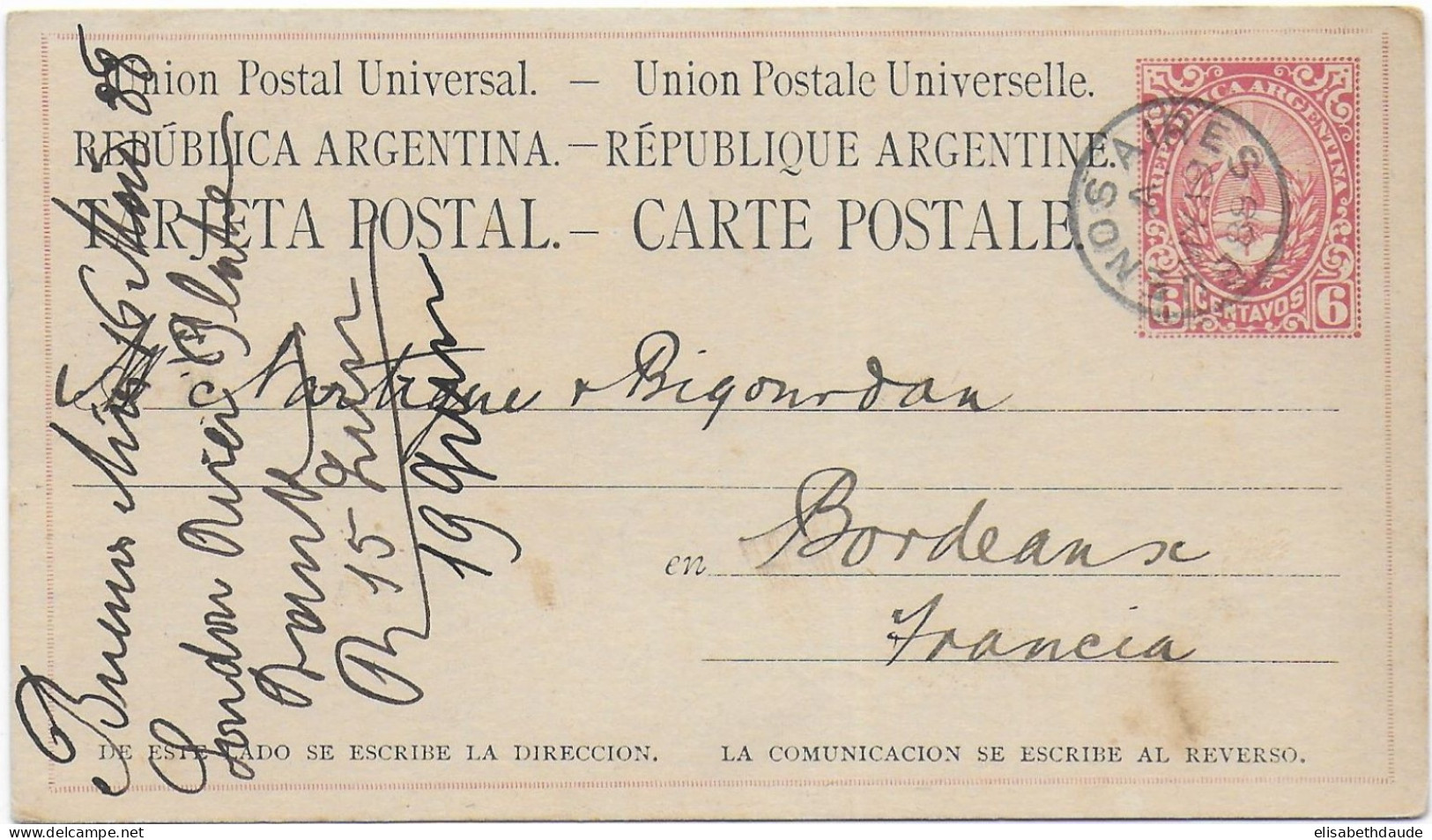 ARGENTINA - 1888 - CARTE ENTIER Avec REPIQUAGE PRIVE "LONDON & RIVER PLATE BANK" Au DOS à BUENOS AIRES => BORDEAUX - Postwaardestukken