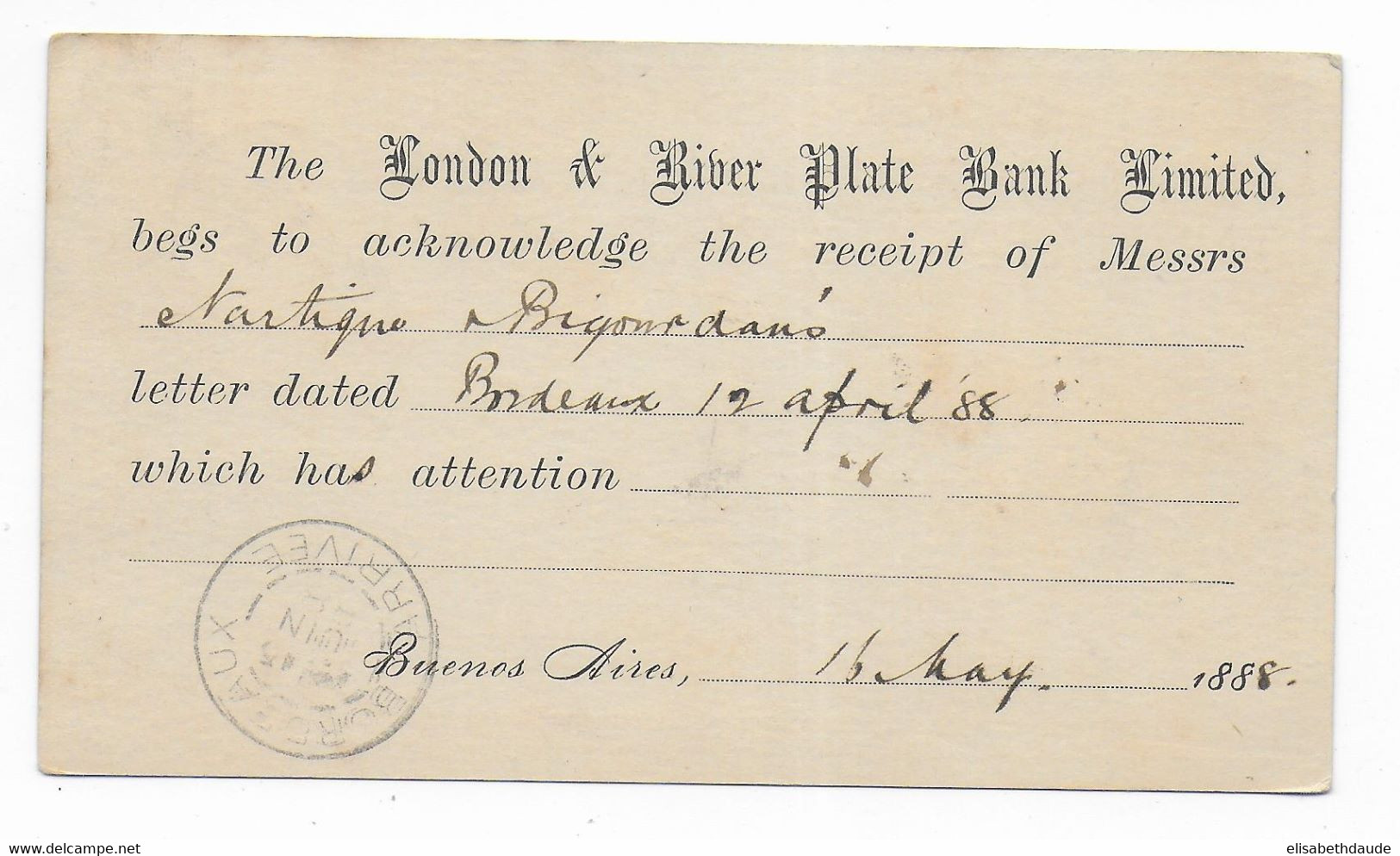 ARGENTINA - 1888 - CARTE ENTIER Avec REPIQUAGE PRIVE "LONDON & RIVER PLATE BANK" Au DOS à BUENOS AIRES => BORDEAUX - Interi Postali