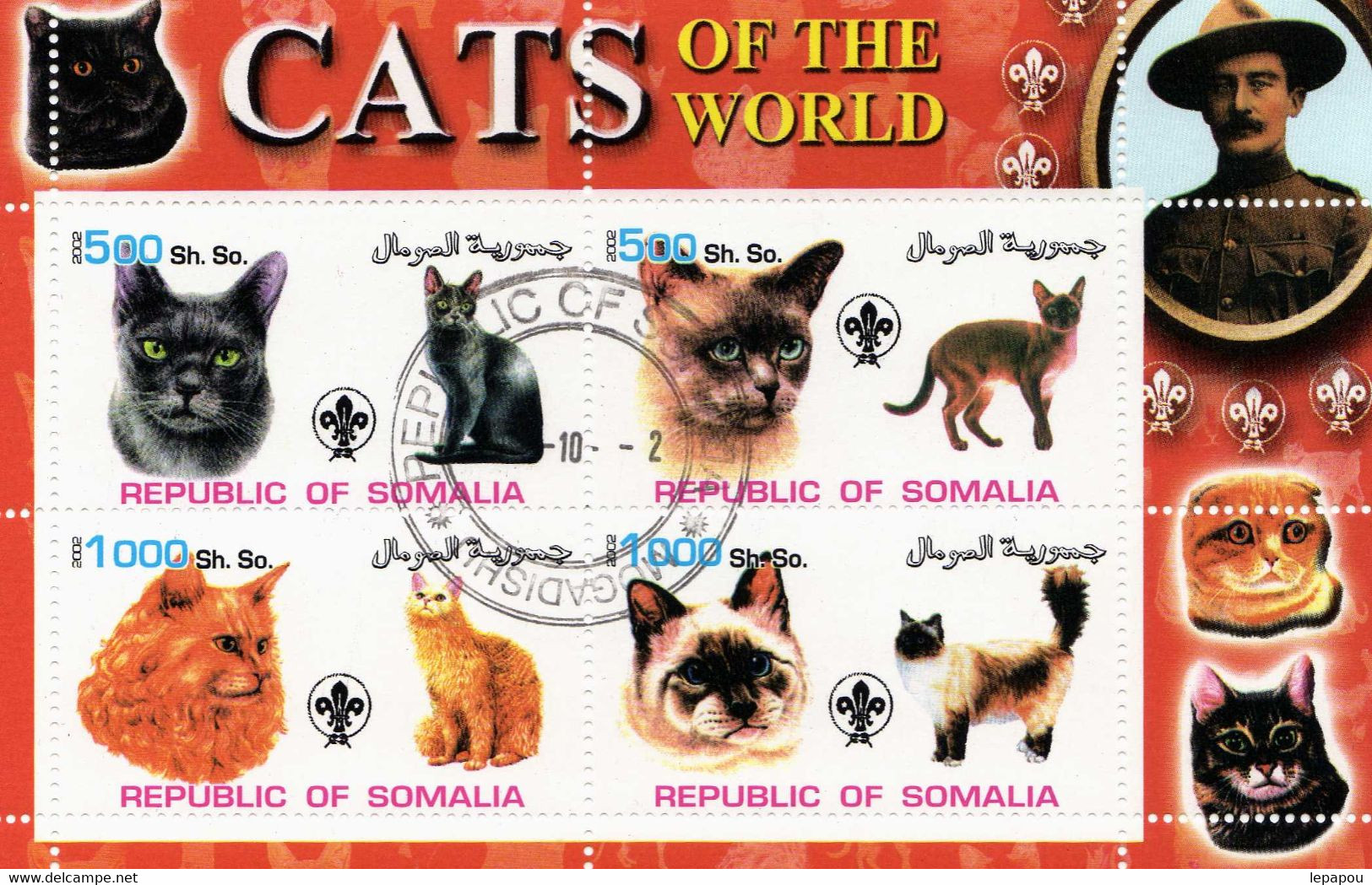 Somalie 2002 - 3 Feuillets "Chats"avec Oblitération - Hauskatzen