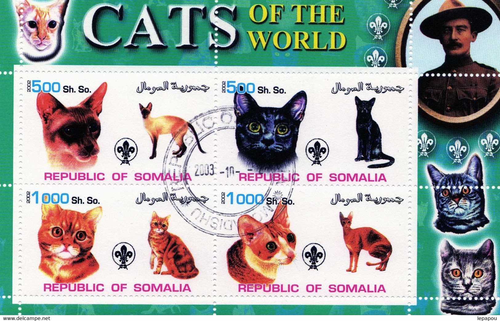 Somalie 2002 - 3 Feuillets "Chats"avec Oblitération - Hauskatzen