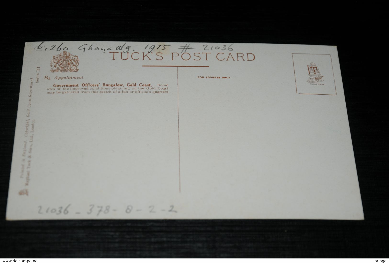 19391-           Tuck's Post Card - A GOVERNMENT OFFICERS BUNGALOW - GOLD COAST / ART / KUNST - Ghana - Gold Coast