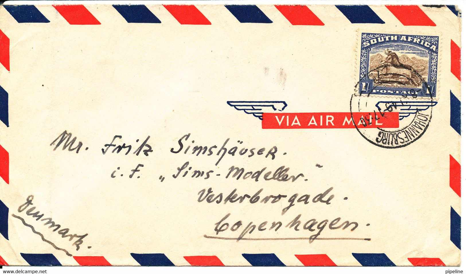 South Africa Air Mail Cover Sent To Denmark Johannesburg 8-11-1949 (the Cover Is Bended In The Left Side) - Luchtpost