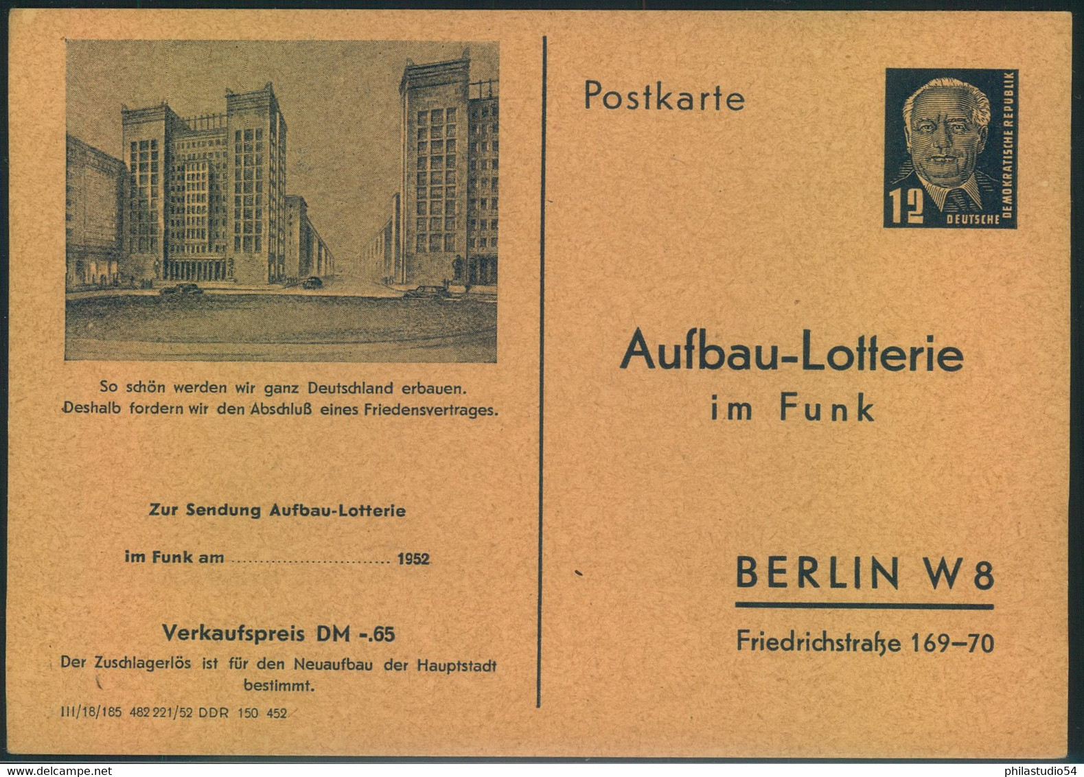 1952, 12 Pfg. Privatganzsachenkarte "Aufbau-Lotterie" Sauber Ungebraucht. - Private Postcards - Mint