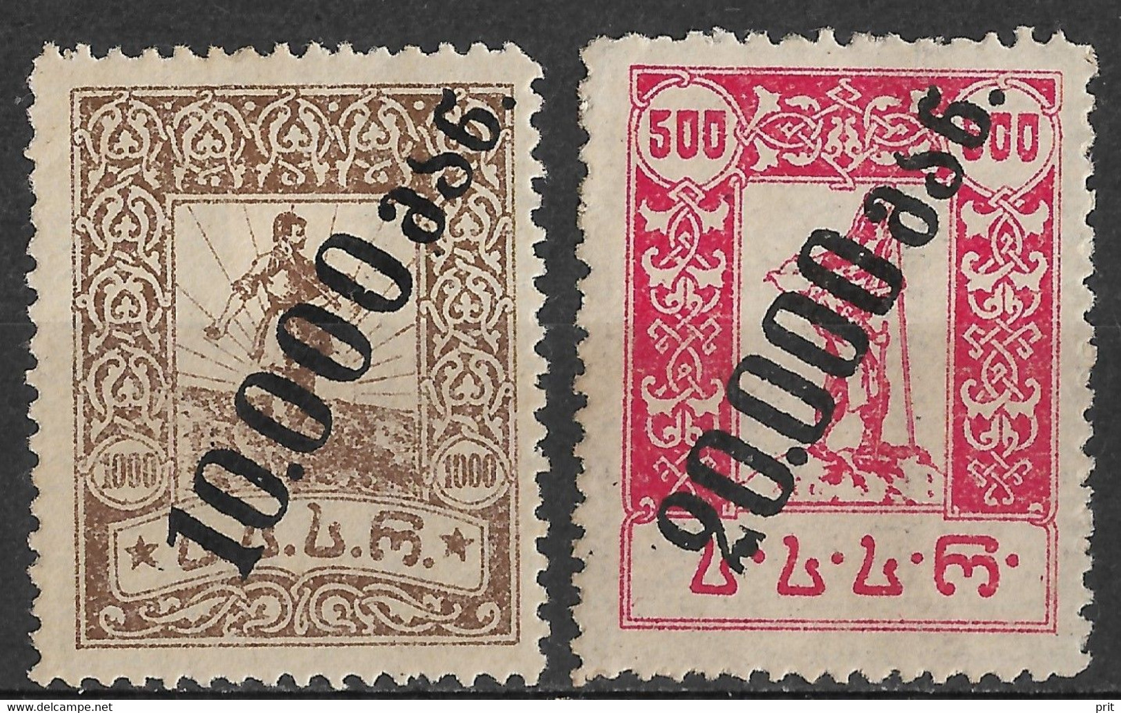 Georgia, Soviet Republic 1923 Surcharges 10000R On 1000R, 20000R On 500R. Mi 53A 55A, Mint Hinged. - Georgien