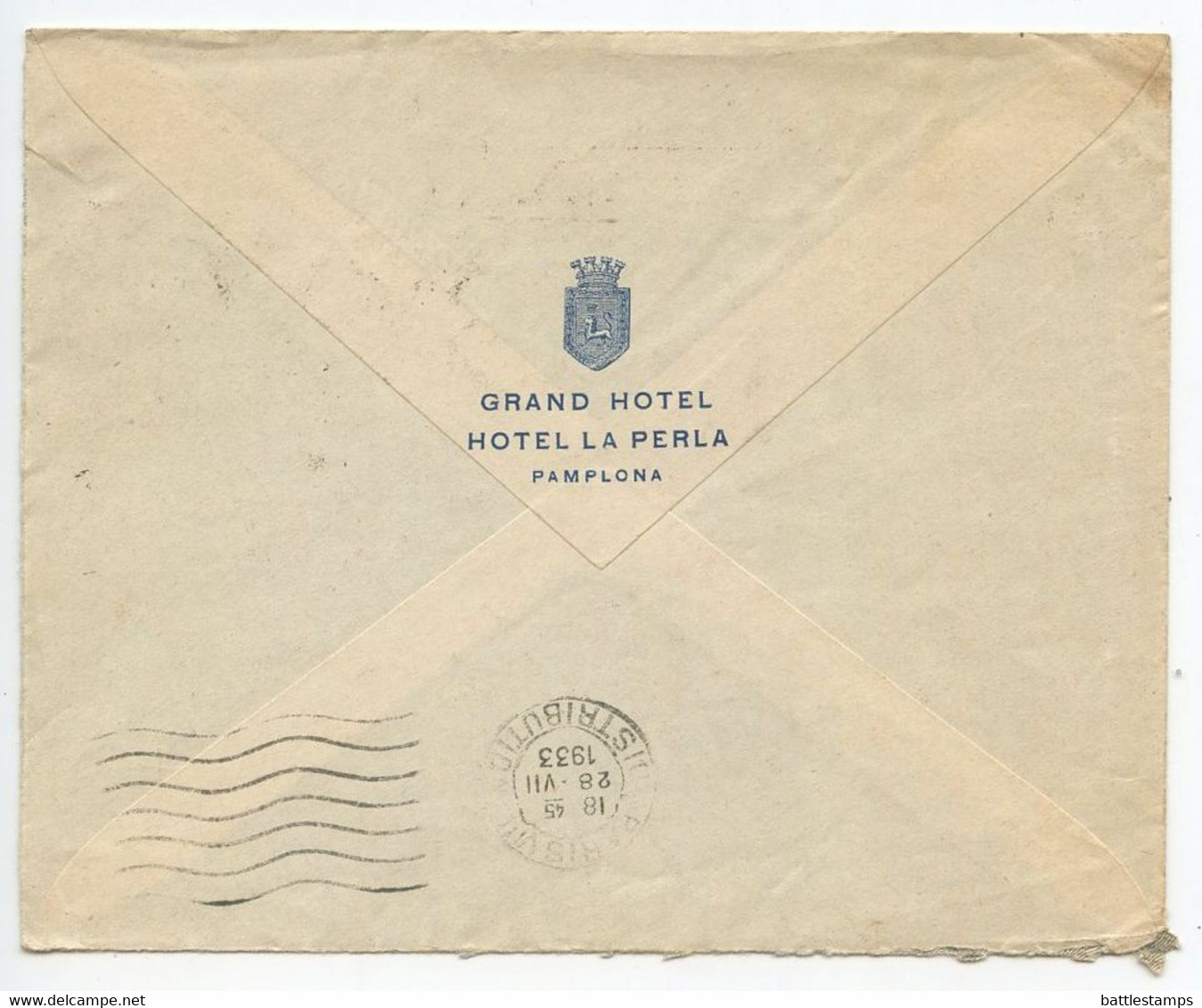 Spain 1933 Cover Pamplona Grand Hotel, Hotel La Perla To Paris France, Scott 516a & 520 - Storia Postale