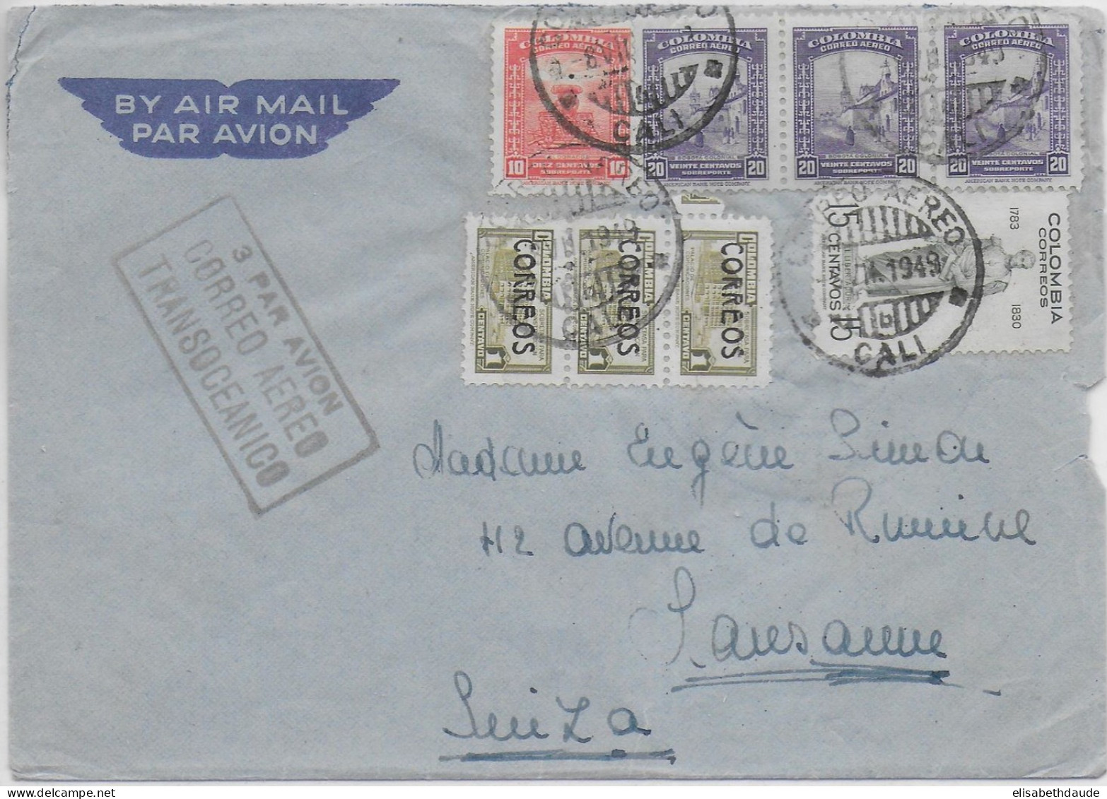 COLOMBIA - 1949 - ENVELOPPE Par AVION De CALI => LAUSANNNE (SUISSE) - Kolumbien