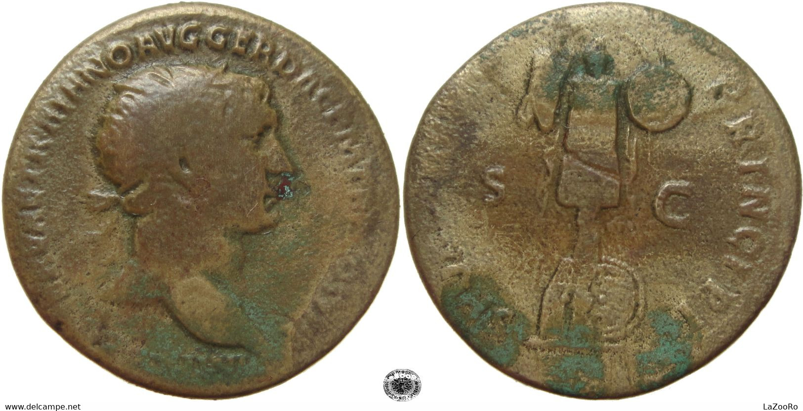 LaZooRo: Roman Empire AE Dupondius Of Trajan (98-117 AD), S P Q R OPTIMO PRINCIPI, Trophy - The Anthonines (96 AD Tot 192 AD)