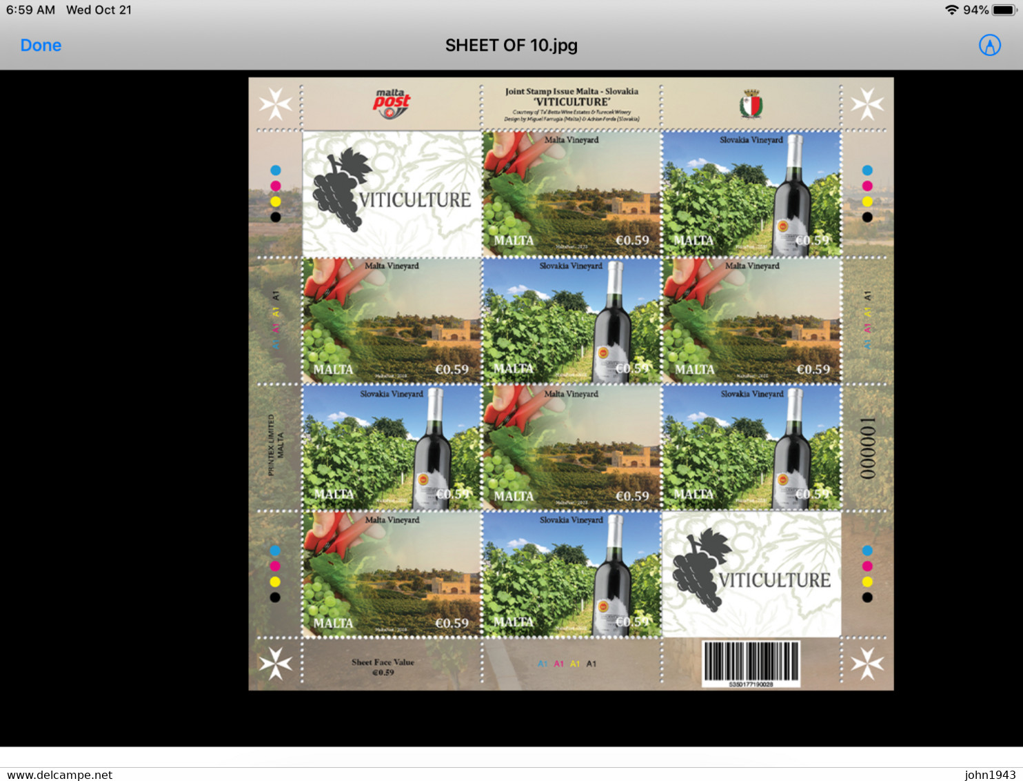 2020 Malta Joint Stamp Issue Malta - Slovakia 'VITICULTURE' MINI-SHEET Mint VF - Malta