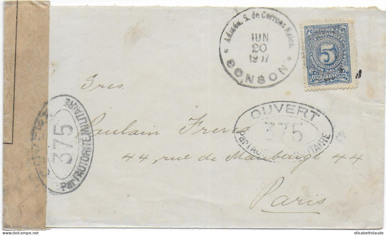 COLOMBIA - 1917 - ENVELOPPE De SONSON Avec CENSURE FRANCAISE 375 BLEUE => PARIS - Kolumbien