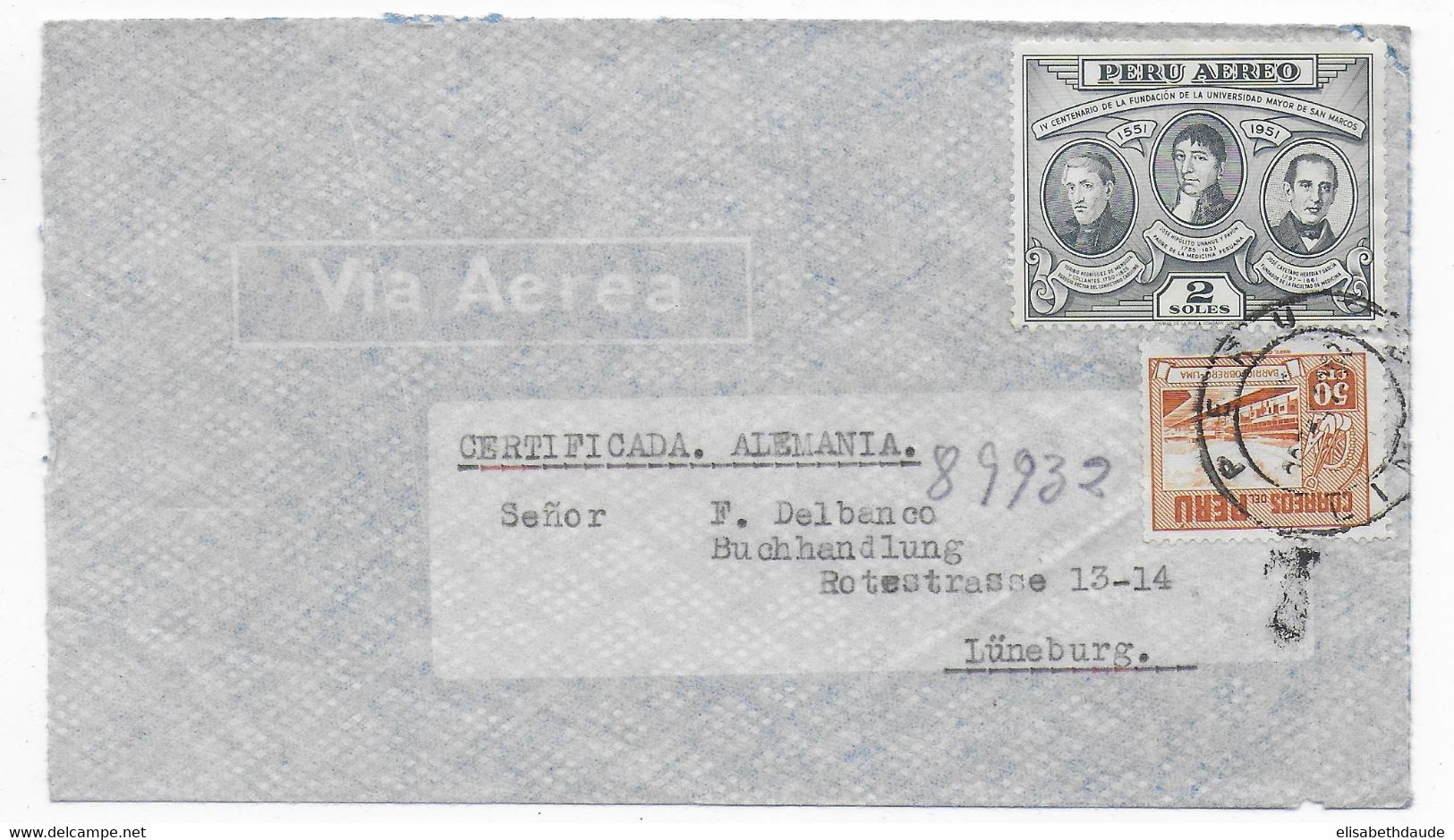 PEROU - 1952 - ENVELOPPE RECOMMANDEE Par AVION De LIMA => LÜNEBURG (GERMANY) - Peru