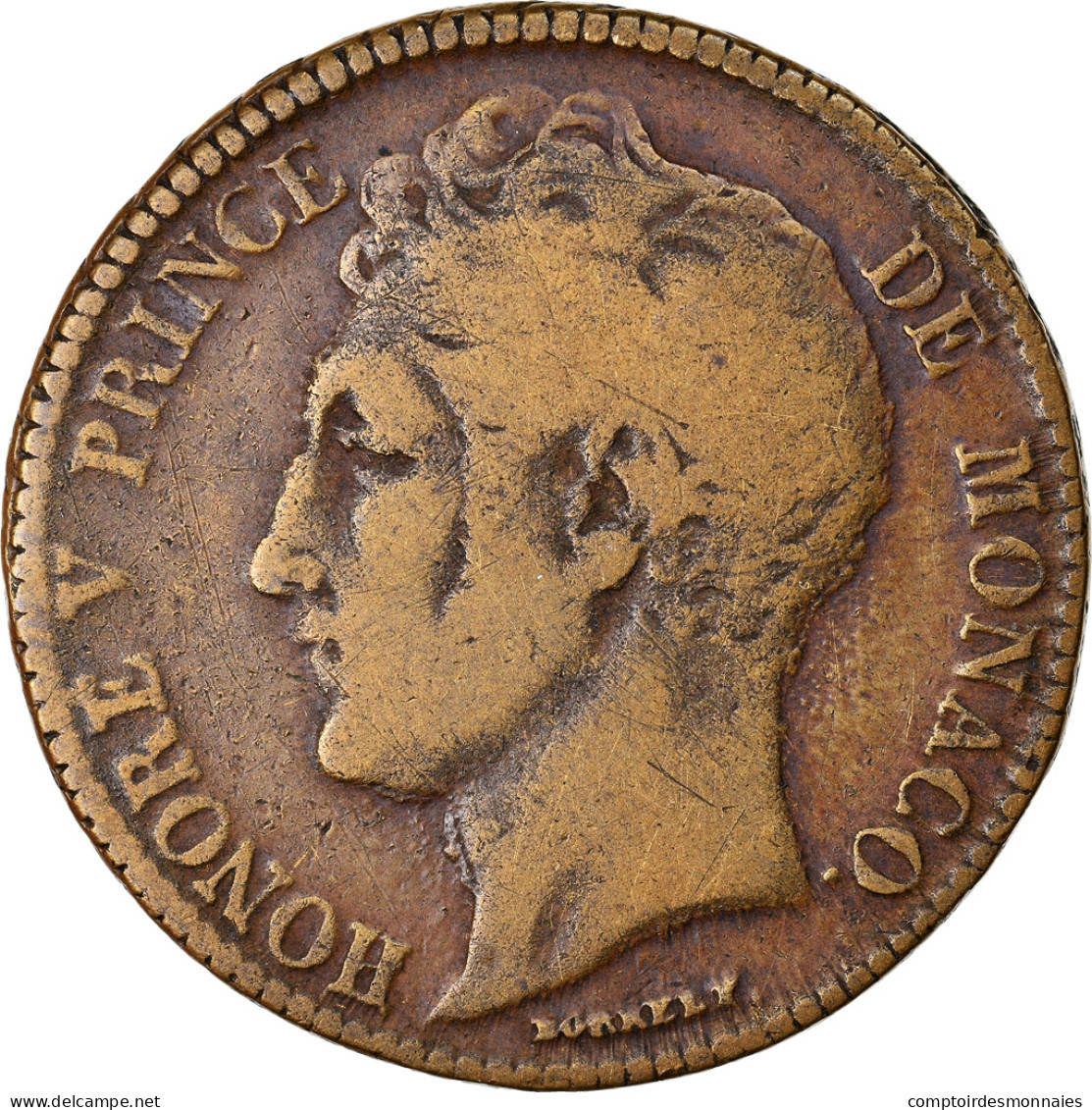 Monnaie, Monaco, Honore V, 5 Centimes, Cinq, 1837, Monaco, Grosse Tête Et - Charles III.