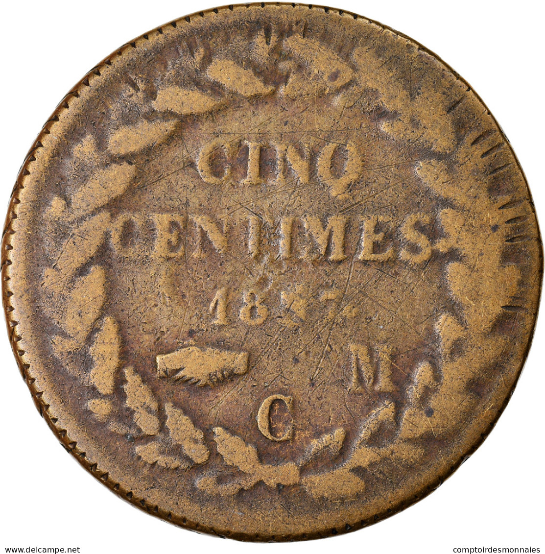 Monnaie, Monaco, Honore V, 5 Centimes, Cinq, 1837, Monaco, Grosse Tête Et - Charles III.