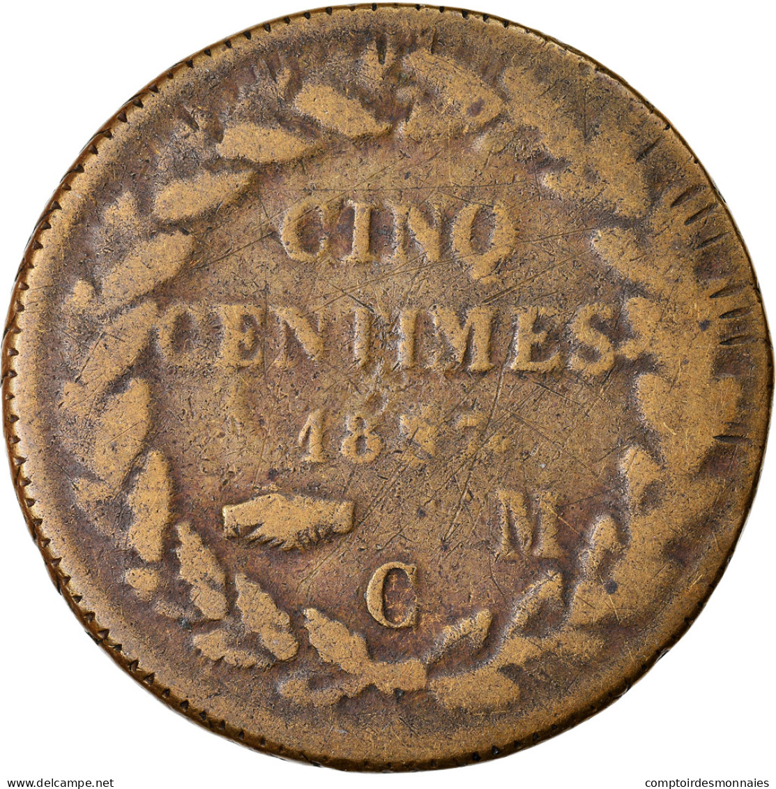 Monnaie, Monaco, Honore V, 5 Centimes, Cinq, 1837, Monaco, Grosse Tête Et - 1819-1922 Honoré V, Charles III, Albert I