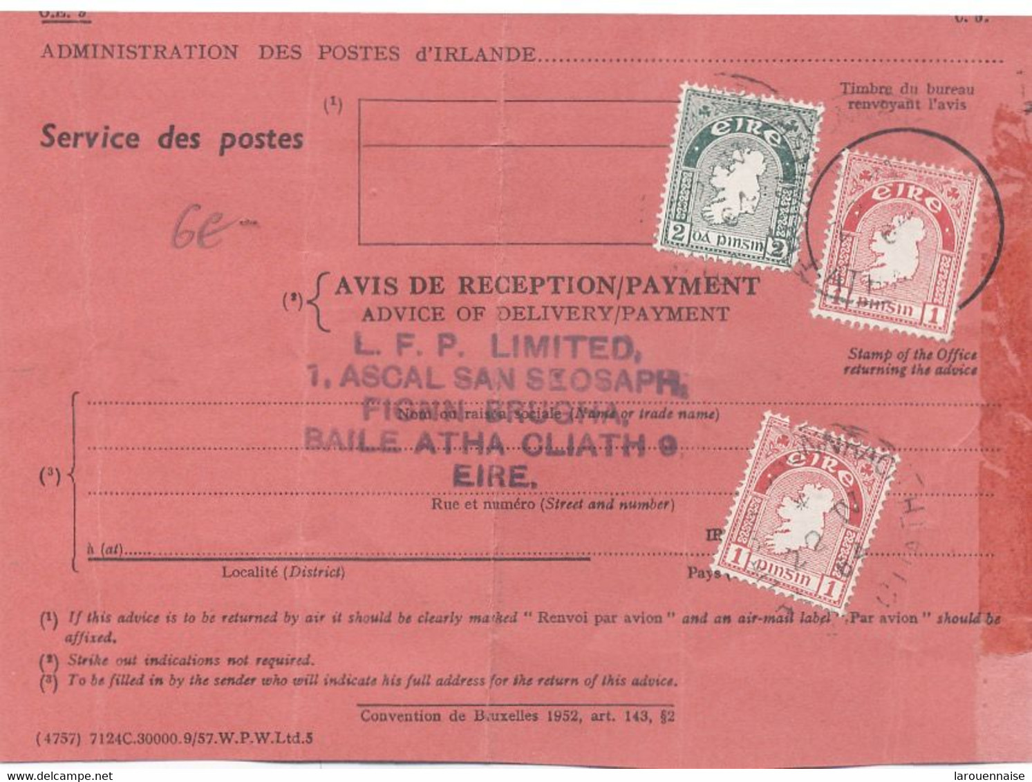 IRELANDE - FRANCE  : AVIS DE RECEPTION D'une Lettre Expedieé En France . - Lettres & Documents