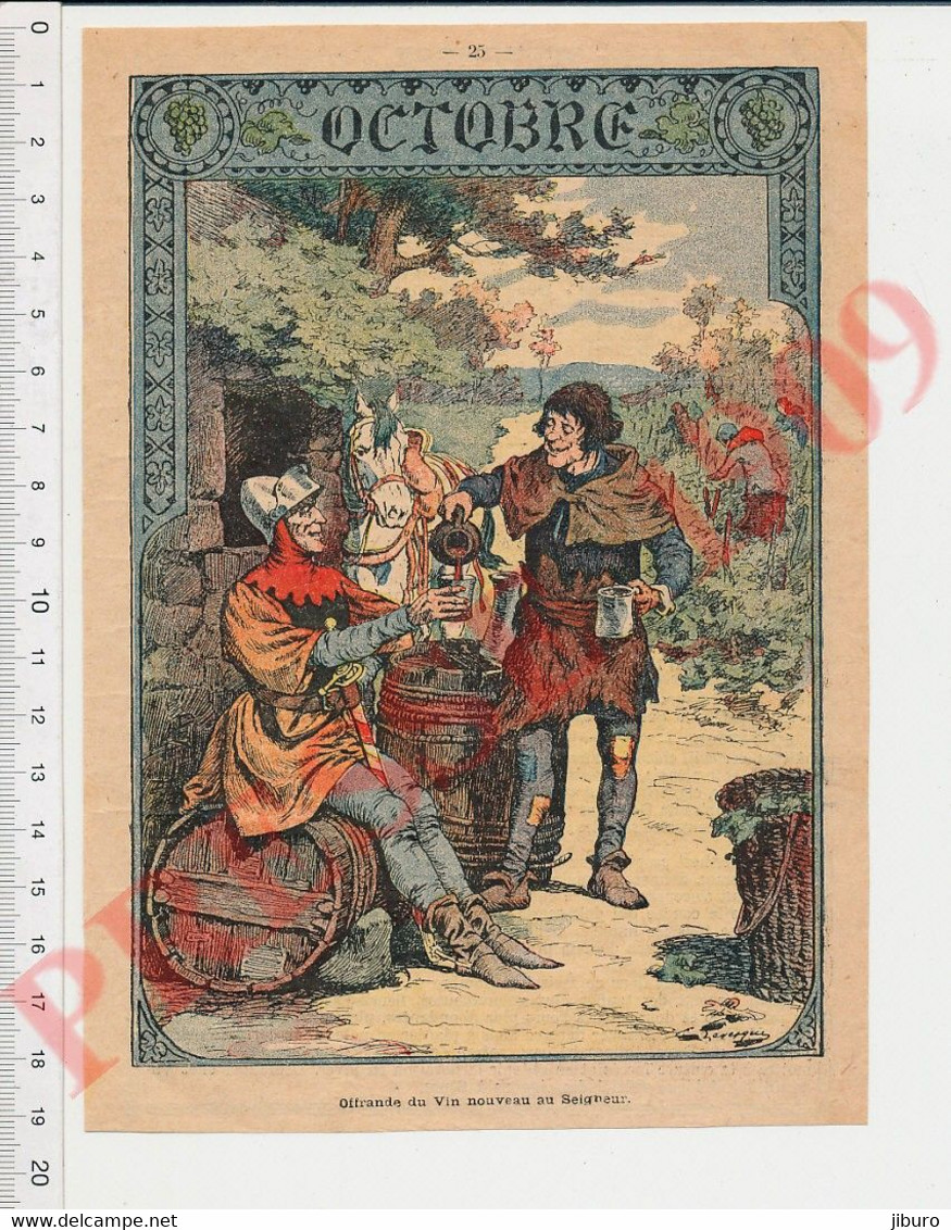 Gravure 1909 Mois D'Octobre Offrande Du Vin Nouveau Au Seigneur Moyen-âge Vendanges Hotte Pichet Vignes 237CH17 - Unclassified