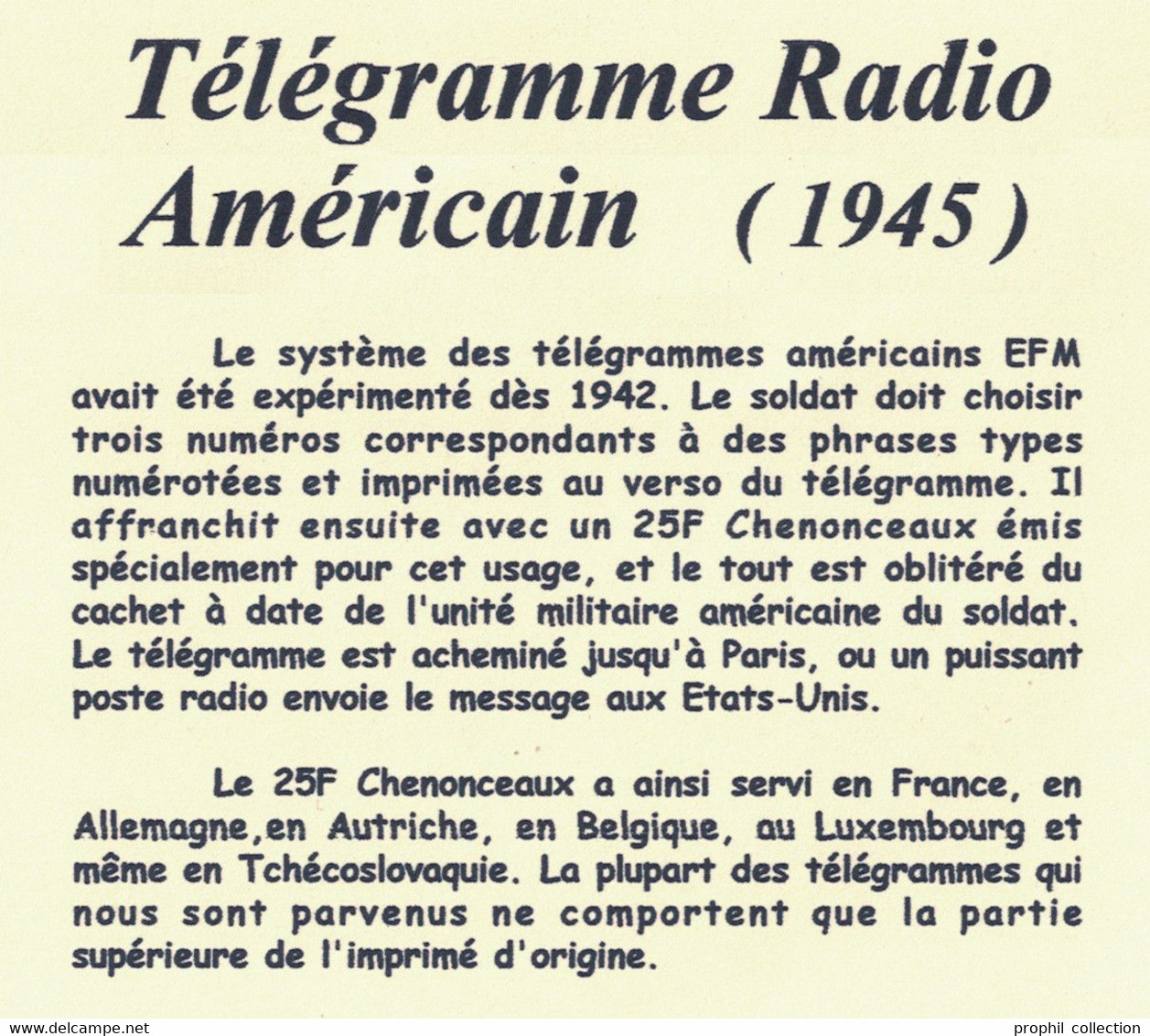 FRAGMENT De TELEGRAMME RADIO EFM Avec TIMBRE FRANÇAIS CHATEAU De CHENONCEAUX N° 611 OBLITÉRATION US 1945 ARMY - Guerra Del 1939-45
