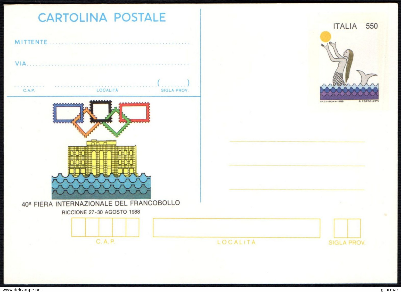 SEA MERMAID / STYLIZED OLYMPIC RINGS - ITALIA RICCIONE 1988 - 40^ FIERA INTERNAZIONALE DEL FRANCOBOLLO - MINT STATIONERY - Expositions Philatéliques