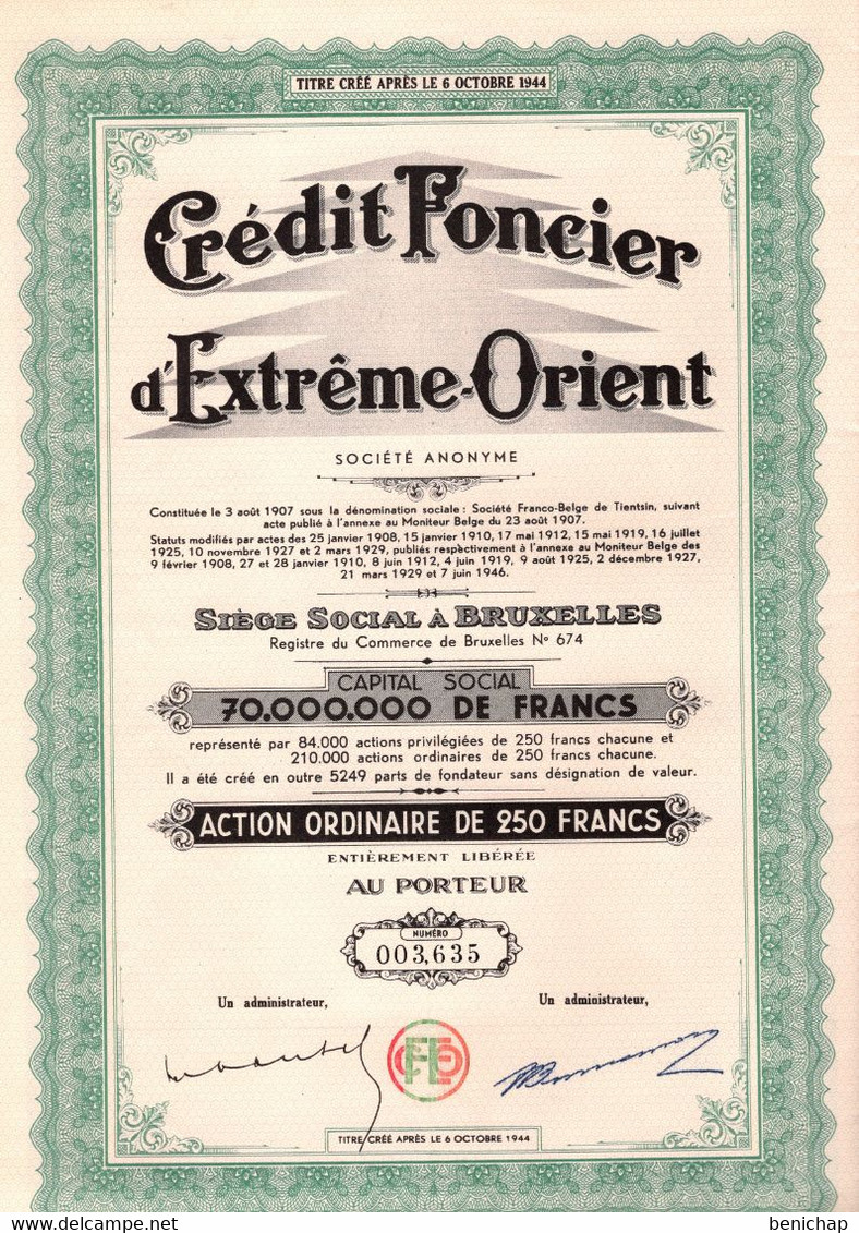 Action Ordinaire De 250 Francs - Crédit Foncier D'Extrème Orient - Bruxelles 1946. - Banque & Assurance