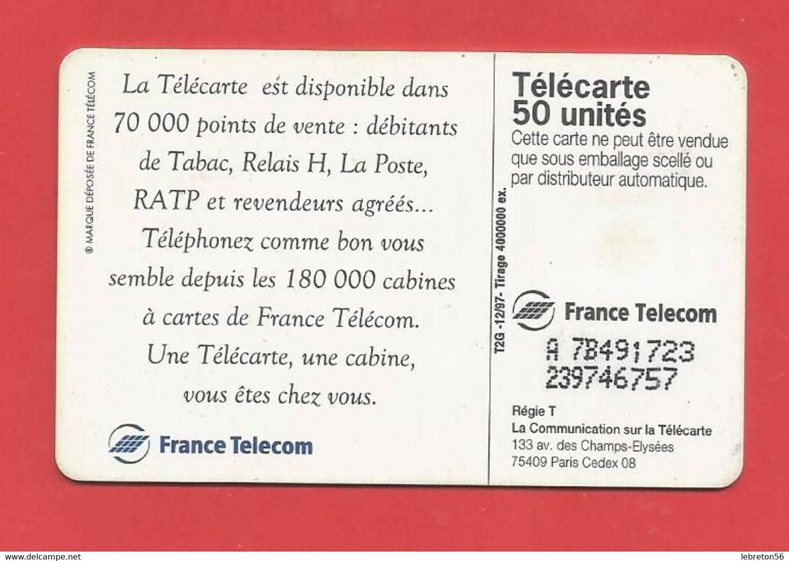 TELECARTE 50  U TIRAGE 4000 000 EX. France Télécom Une Télécarte Une Cabine ---- X 2 Scan - Telecom Operators