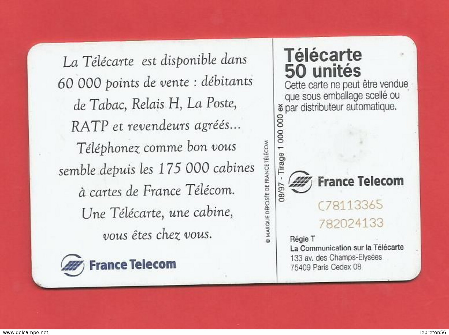 TELECARTE 50  U TIRAGE 1000 000 EX. France Télécom Une Télécarte Une Cabine ---- X 2 Scan - Telecom Operators