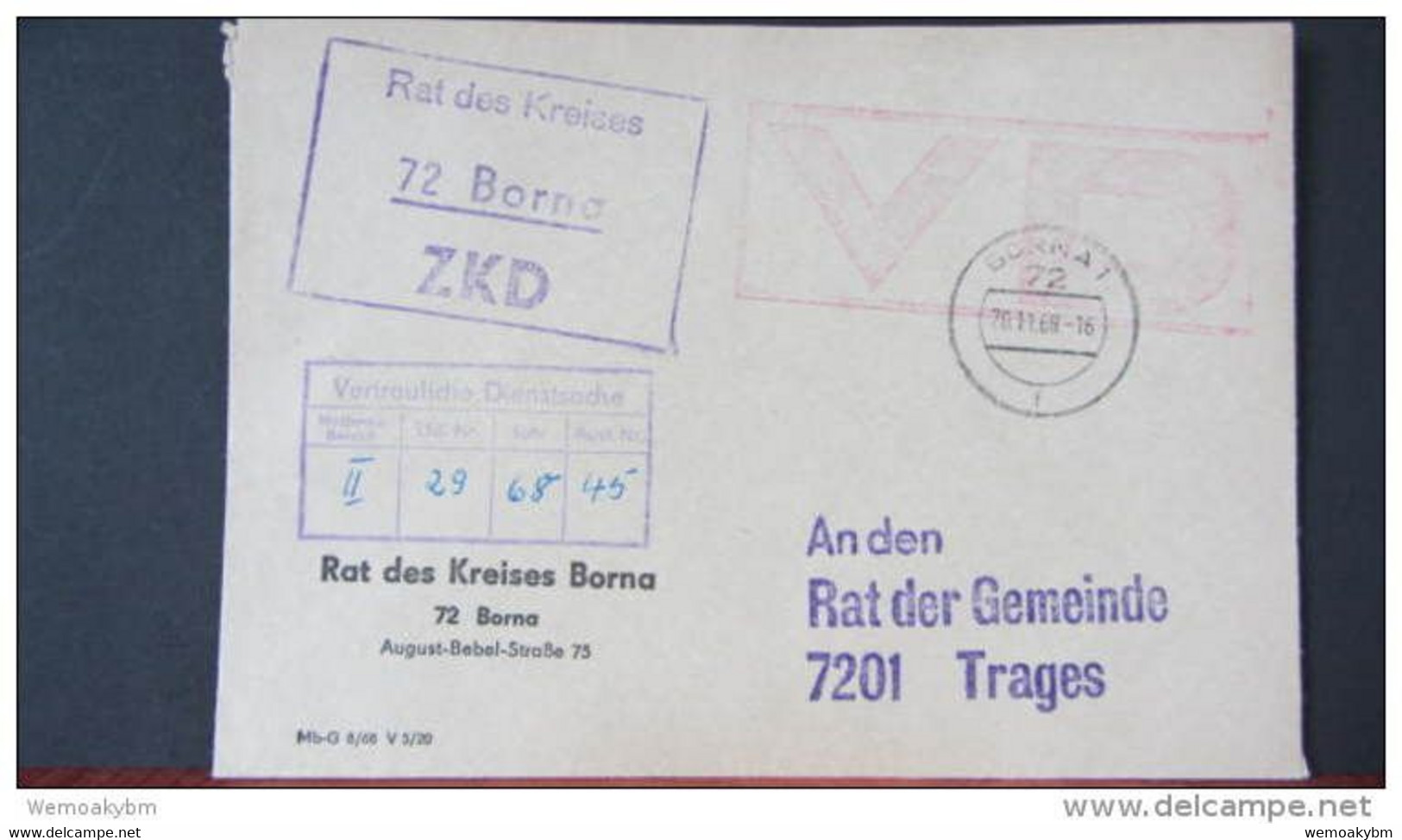 ZKD-Kasten: Fern-Brief Als VD 20.11.68, Rs. Eingangsst. Als Postst.Stpl. Mit Handschr. Datumsverm. Von Borna Nach Trages - Zentraler Kurierdienst