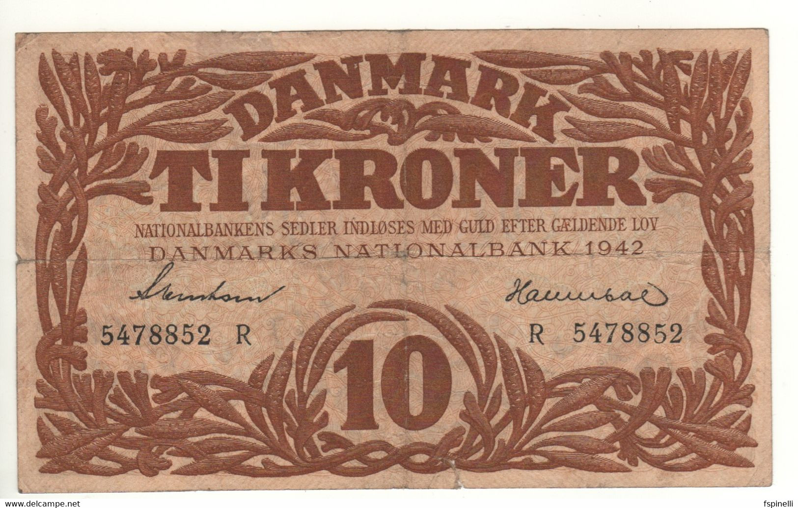 DENMARK  10 Kroner   P31k    1942     ( Mercury/Lion )   Serie  R - Denmark